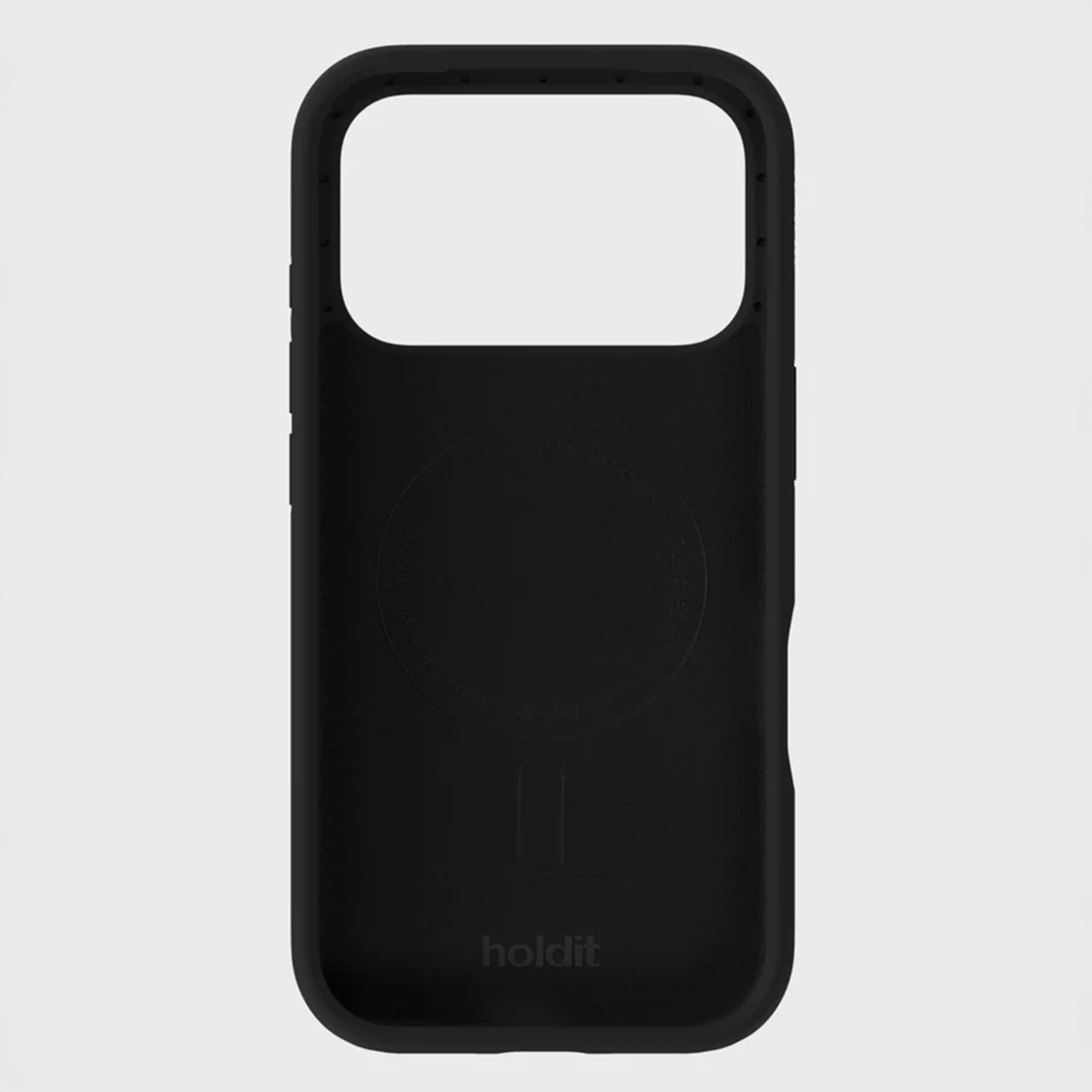 Custodia per cellulare nera con cerchio MagSafe integrato e logo holdit.