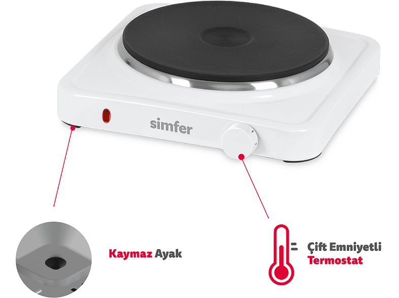 SIMFER HP1500W Hot Plate Tek Gözü Çift Emniyetli Termostat 1500W Krom Çember Elektrikli Ocak