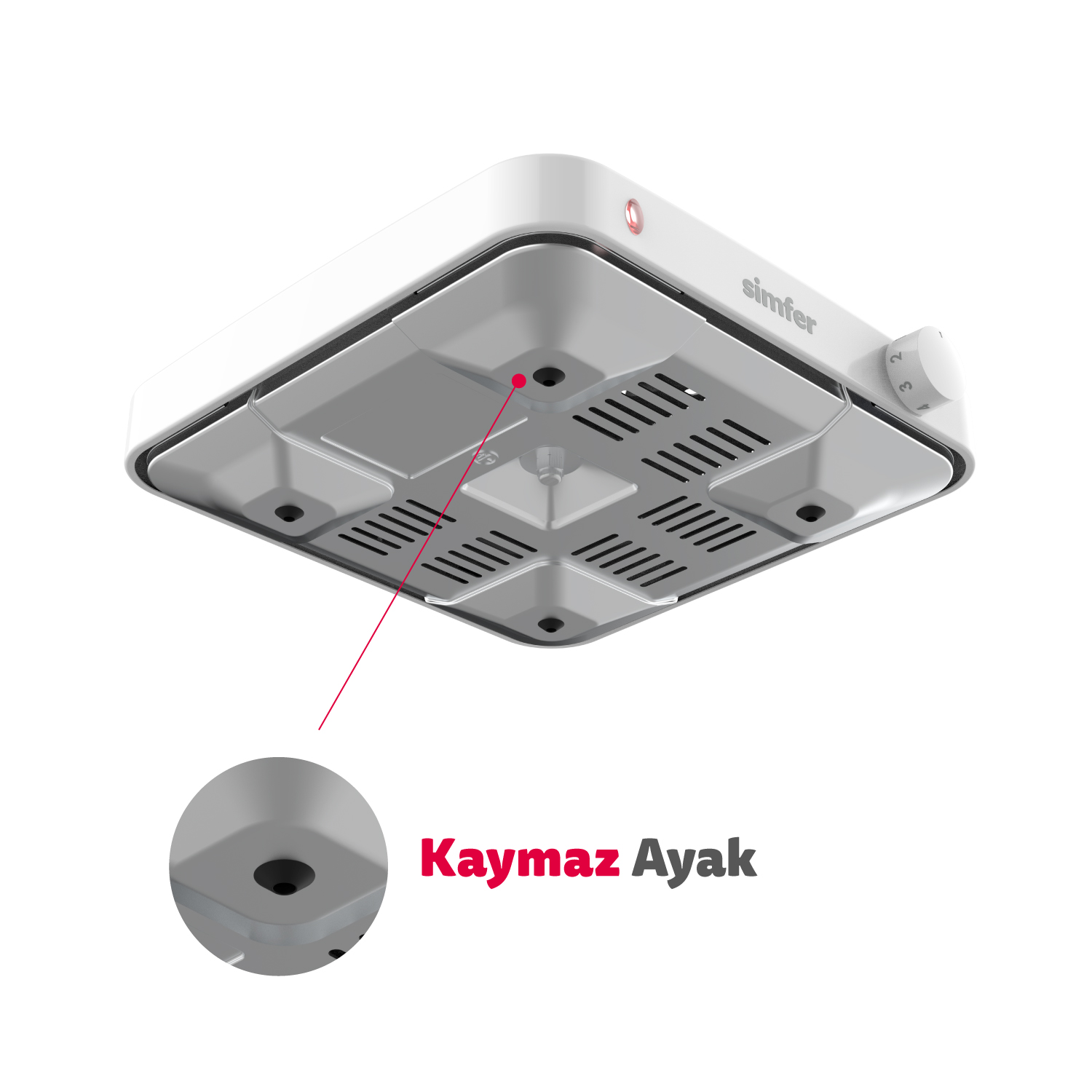 Beyaz bir Simfer cihazının alt görünümü ve kaymaz ayağın yakın çekimi.