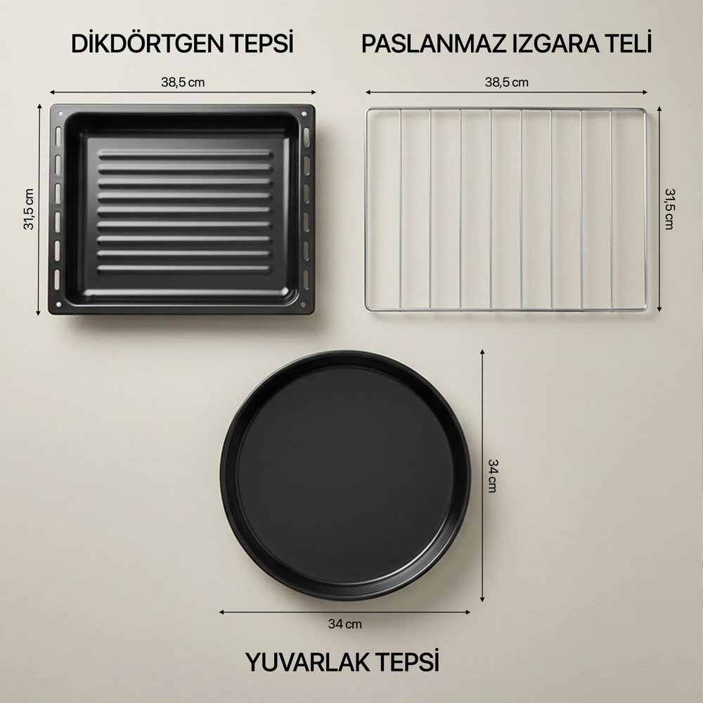 Beyaz arka planda ölçüleriyle üç fırın aksesuarı: dikdörtgen tepsi, tel ızgara ve yuvarlak tepsi.