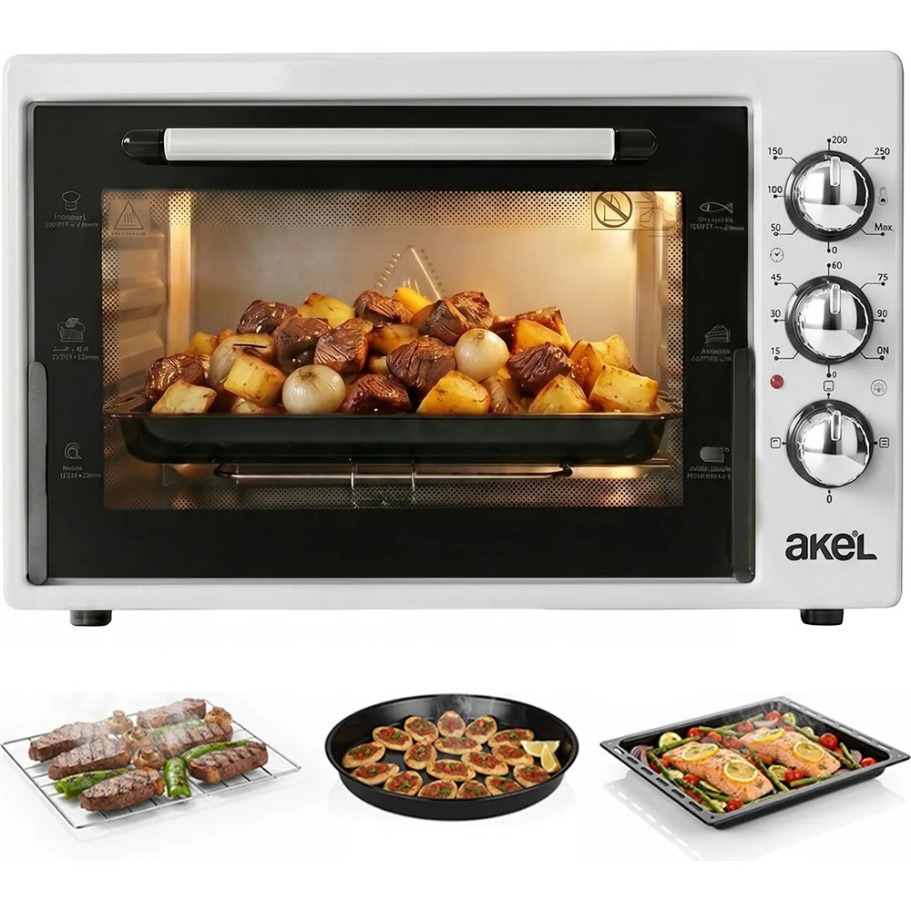İçinde yemek pişen beyaz bir mini fırın ve altında et, hamur işi ve somon bulunan üç örnek tepsi.