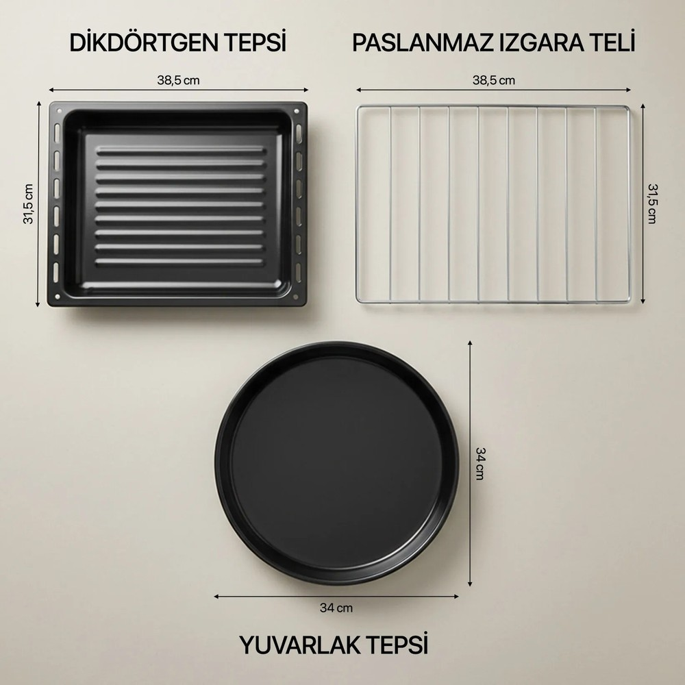 Ölçüleriyle birlikte üç fırın aksesuarı: dikdörtgen tepsi, tel ızgara ve yuvarlak tepsi.