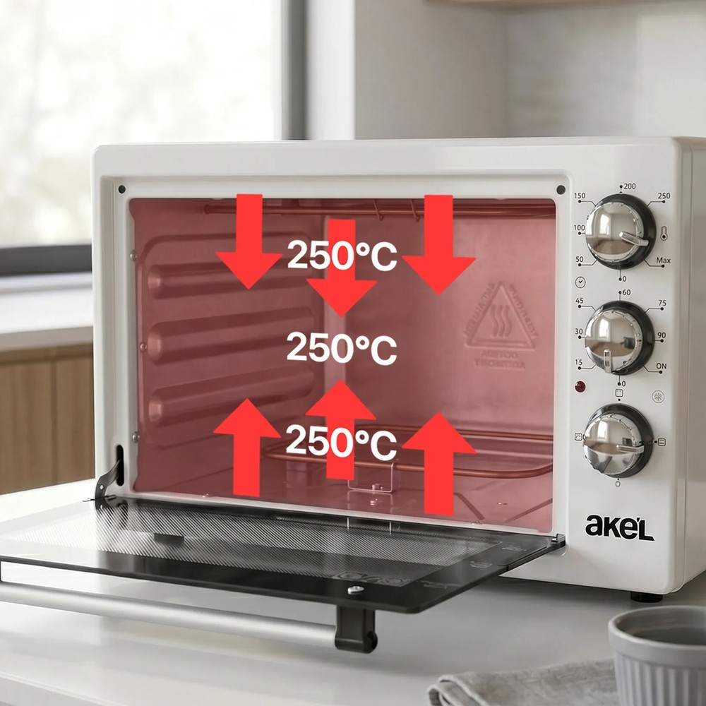 Kapısı açık, kırmızı ısıtma okları ve 250 derece Celsius yazısı olan beyaz bir mini fırın.