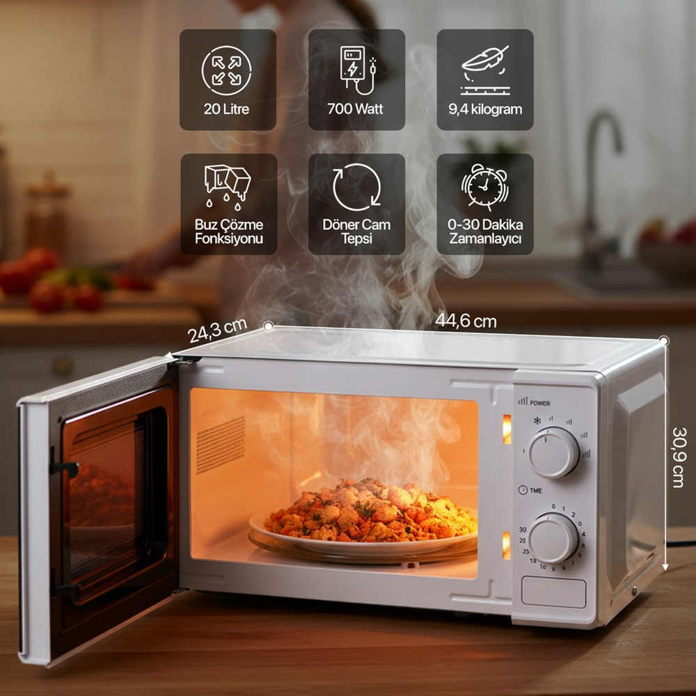 Kapağı açık, içinde buharlı yemek olan beyaz mikrodalga, 20 litre ve 700 watt gibi özellikler gösteriyor.