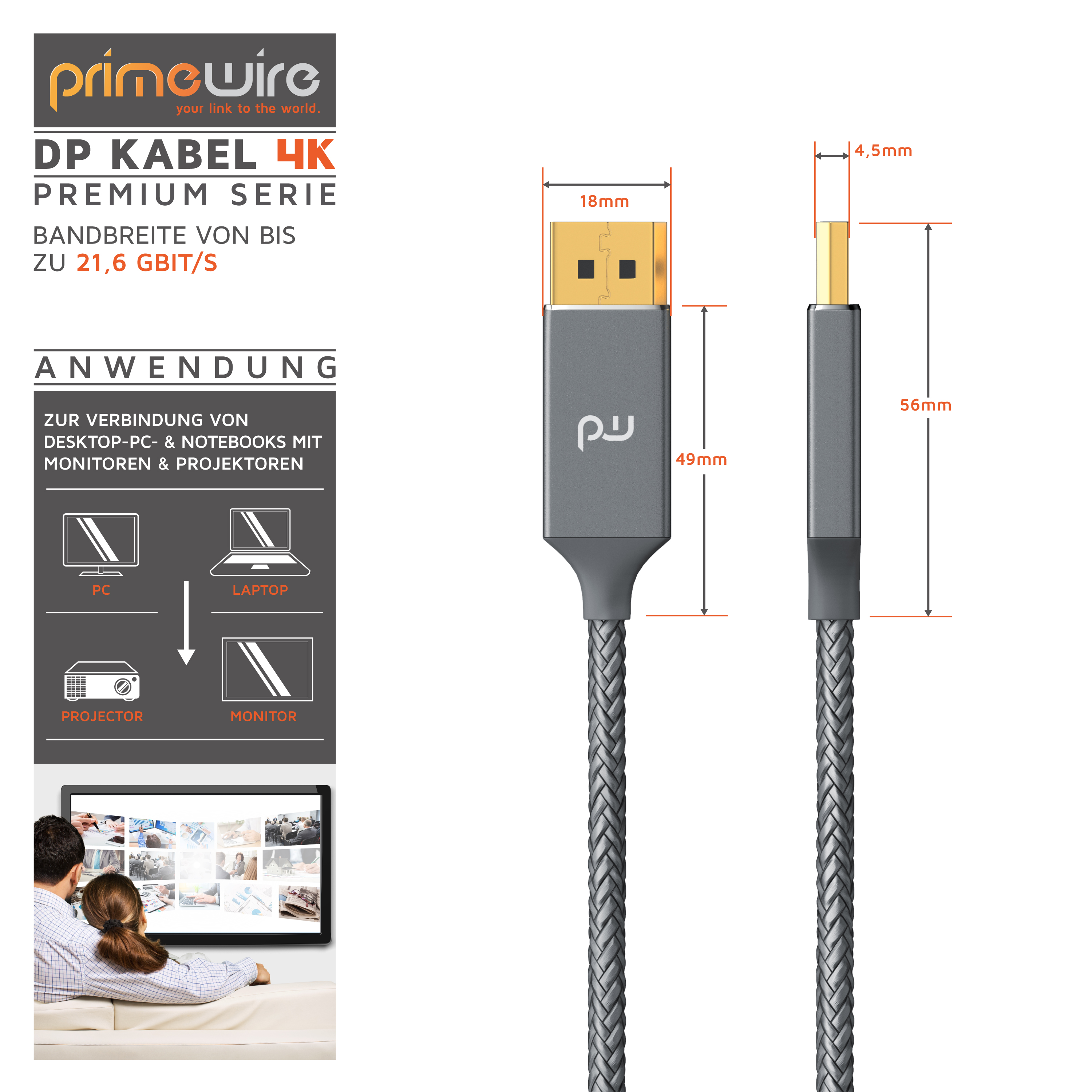 Diagramm mit den Maßen eines grauen und goldenen Primewire DisplayPort-Kabelsteckers und Anwendungsinfos.