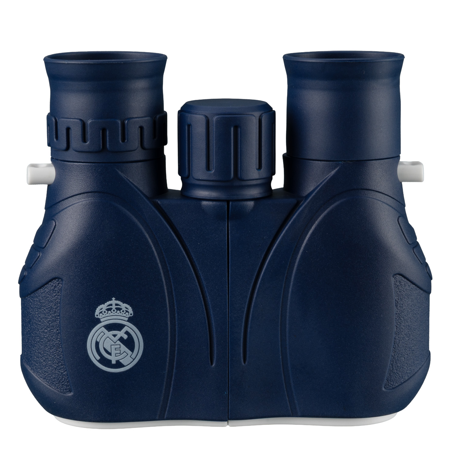 Prismáticos azules con el logotipo blanco del Real Madrid sobre fondo blanco.