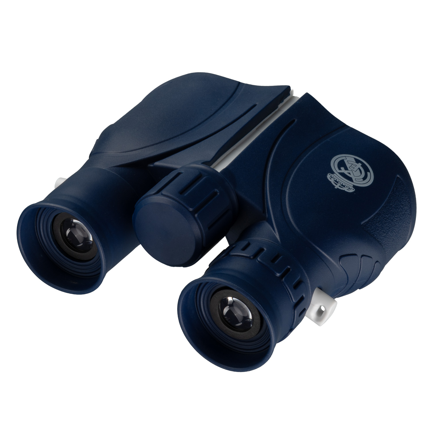 Prismáticos azules compactos con oculares negros, rueda de enfoque central y logotipo lateral, aislados en blanco.