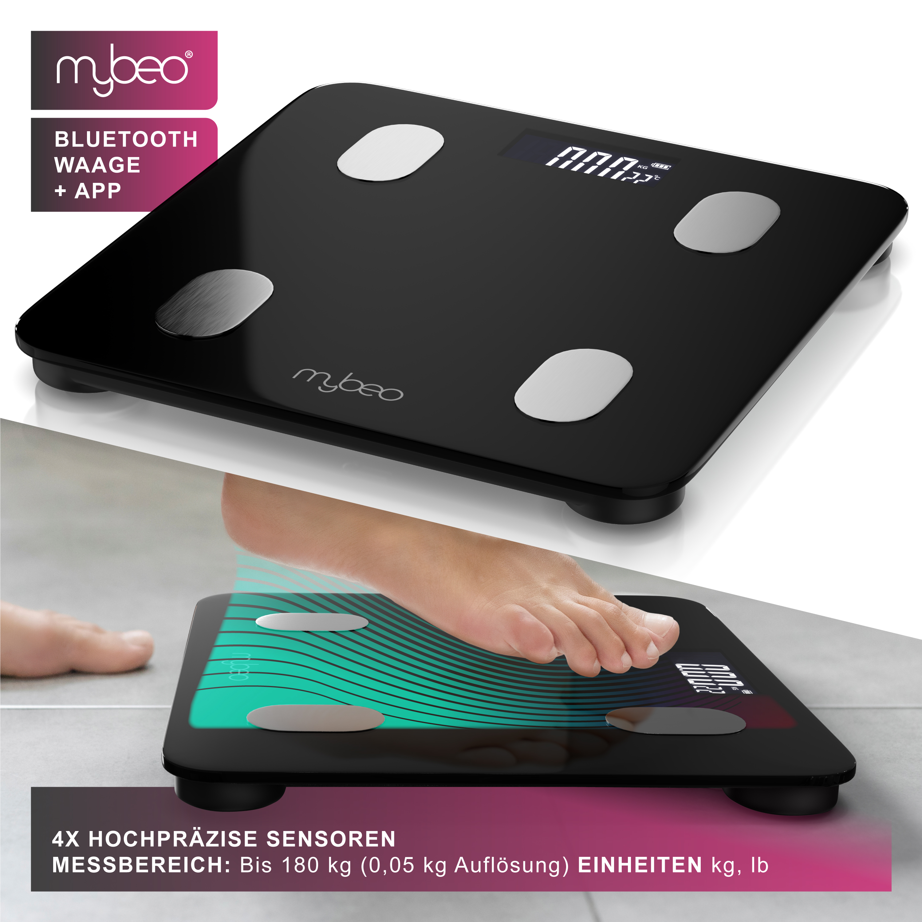 Schwarze Mybeo Bluetooth-Waage mit Sensoren und digitalem Display, unten mit Fuß bei der Messung.