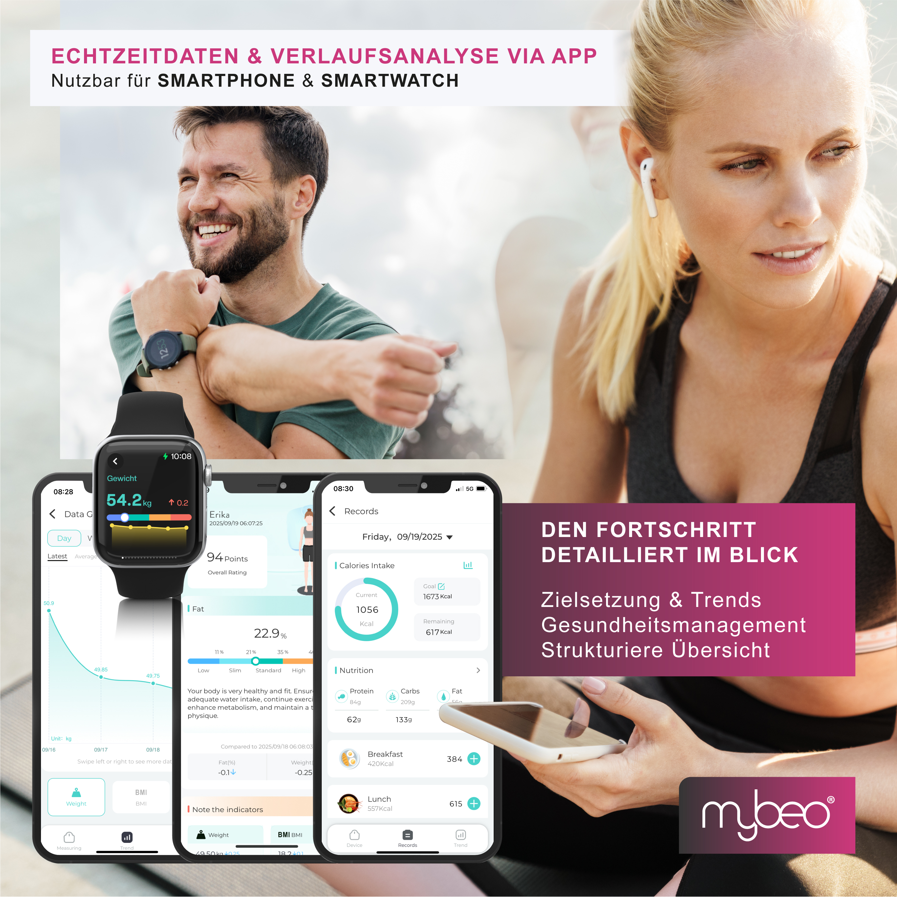 Fitness-App-Anzeige mit aktiven Menschen, Smartwatch und Smartphones, die Gesundheitsdaten zeigen.