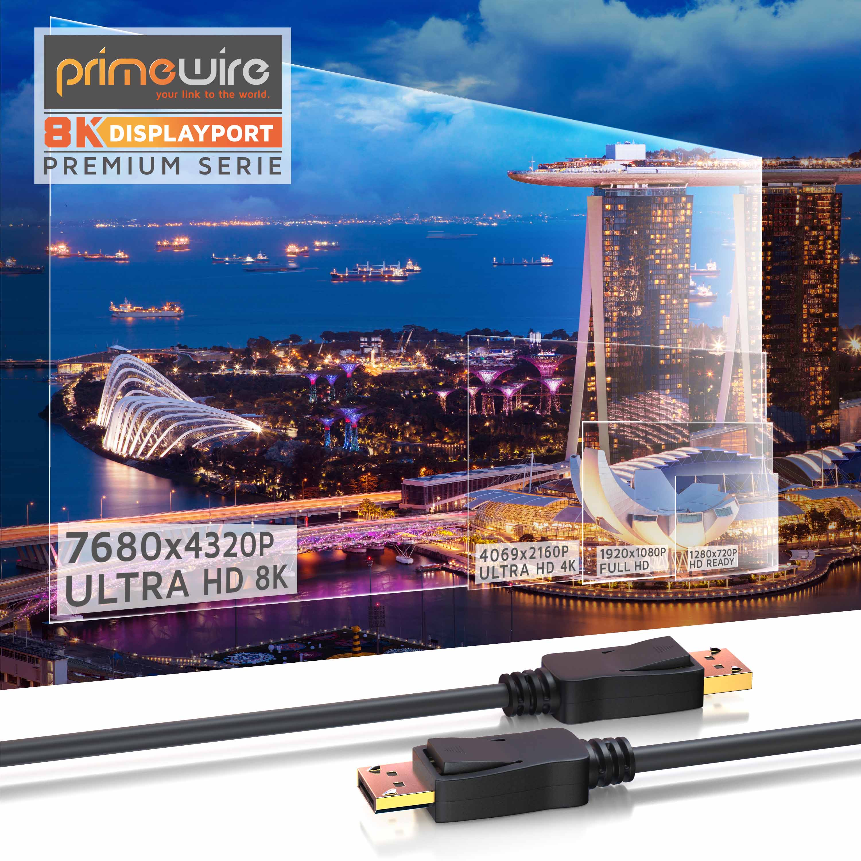 DisplayPort-Kabel mit Markenlogo vor einem nächtlichen Stadtpanorama und vergleichenden Auflösungsstufen.
