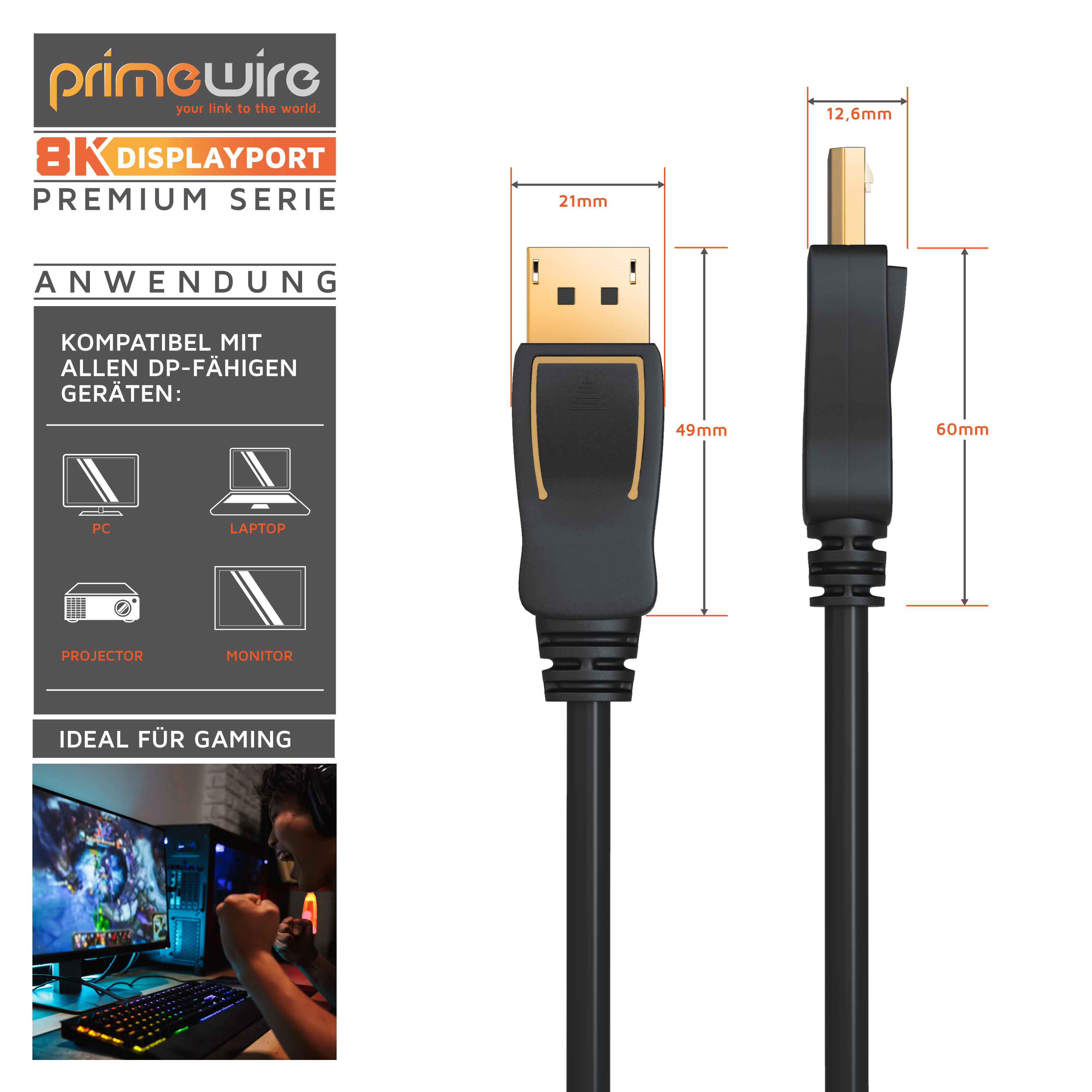 Technische Zeichnung und Maße eines DisplayPort-Kabels mit Gaming-Szene.
