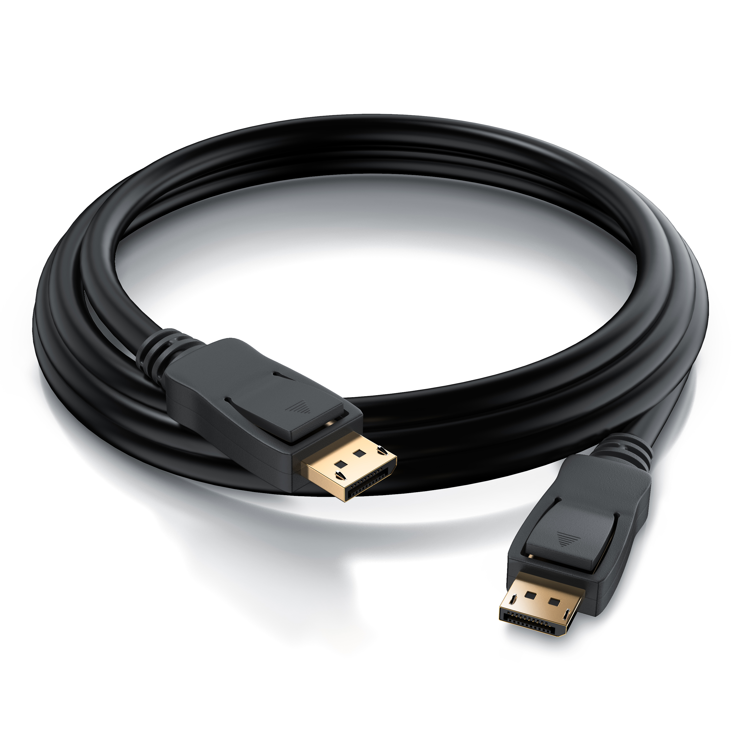 Ein zusammengerolltes schwarzes DisplayPort-Kabel mit vergoldeten Anschlüssen auf weißem Hintergrund.