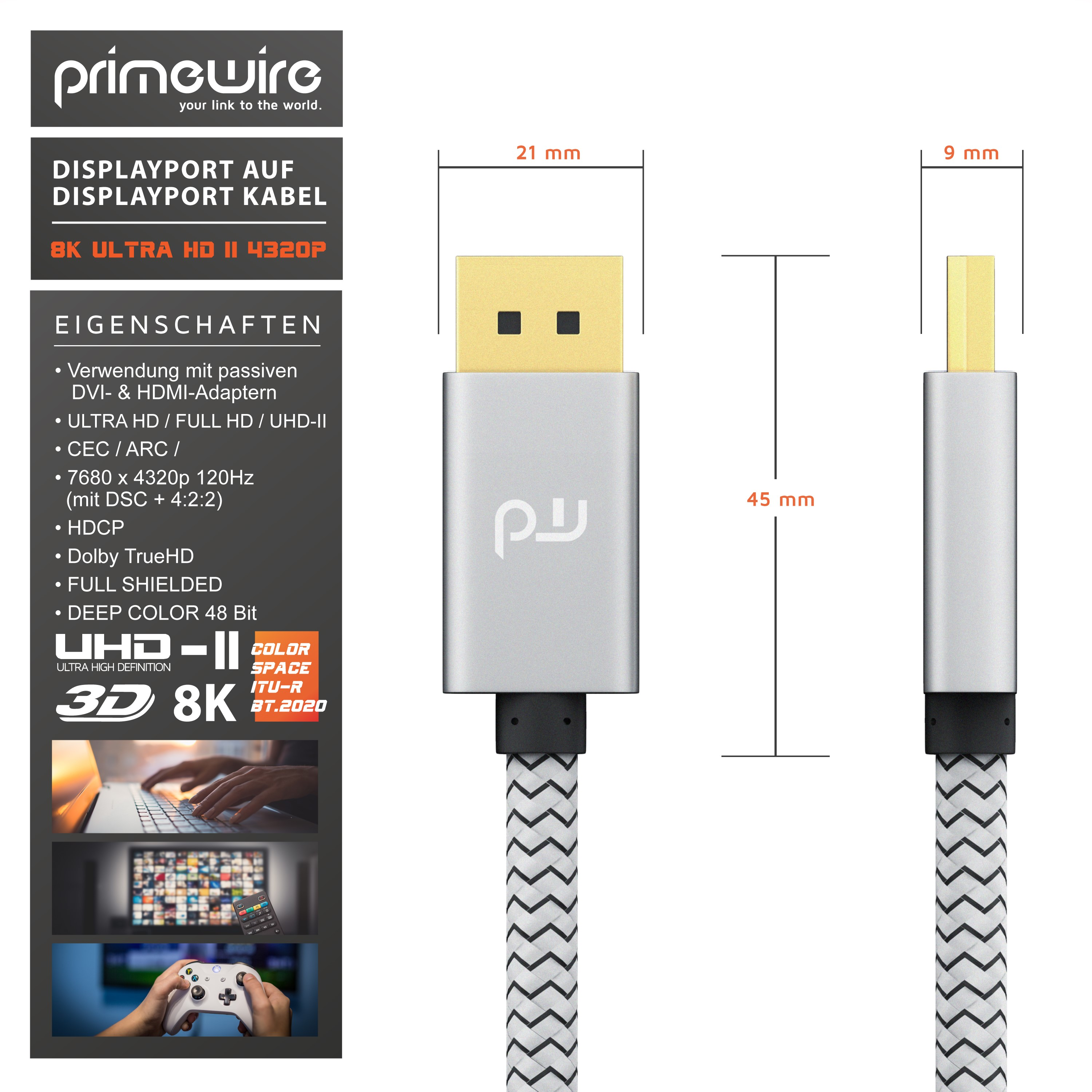 Diagramm zeigt die Abmessungen eines silbernen DisplayPort-Kabels mit geflochtenem Mantel.