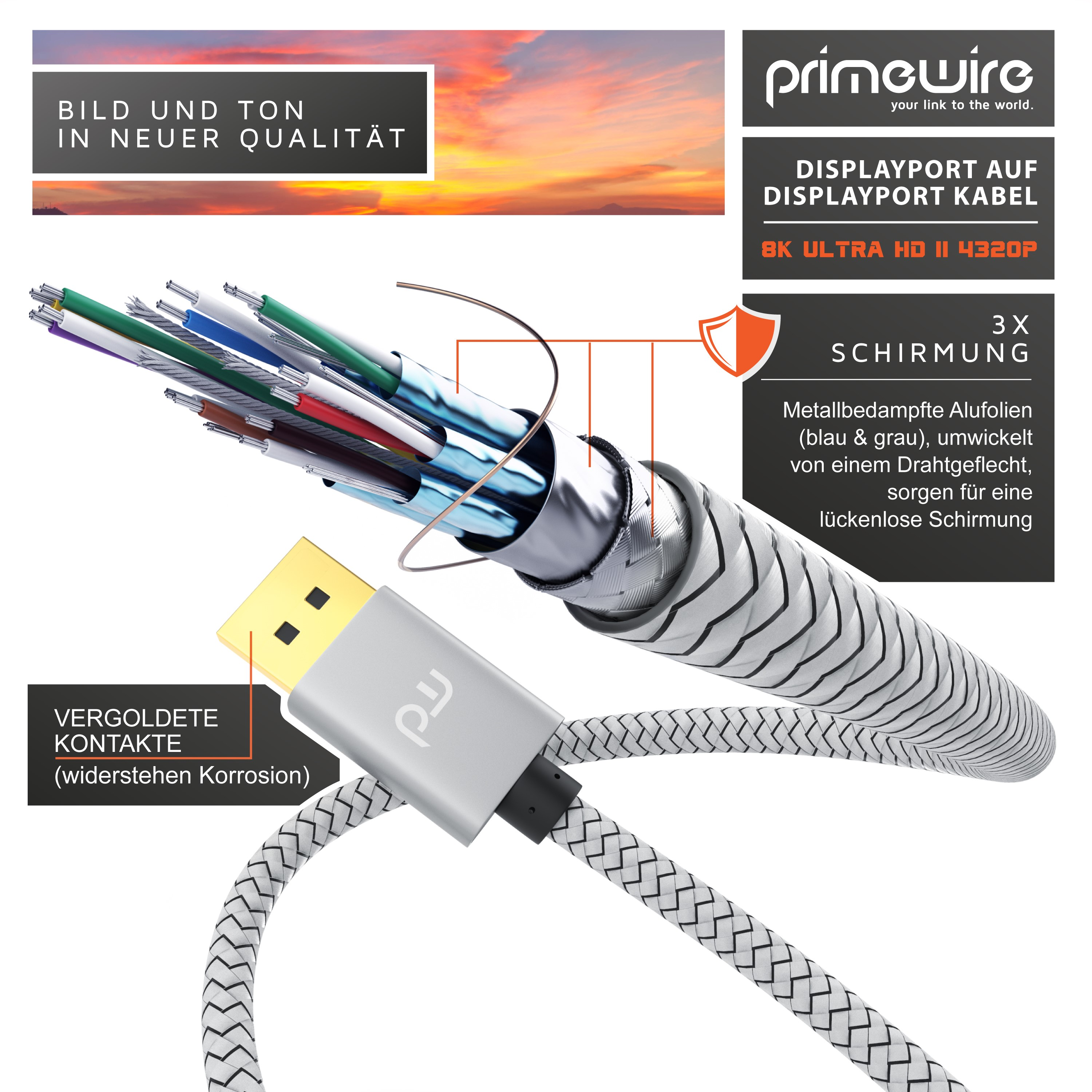 DisplayPort-Kabel mit mehrfacher Abschirmung, vergoldeten Kontakten und freigelegten Innendrähten, mit Texten.