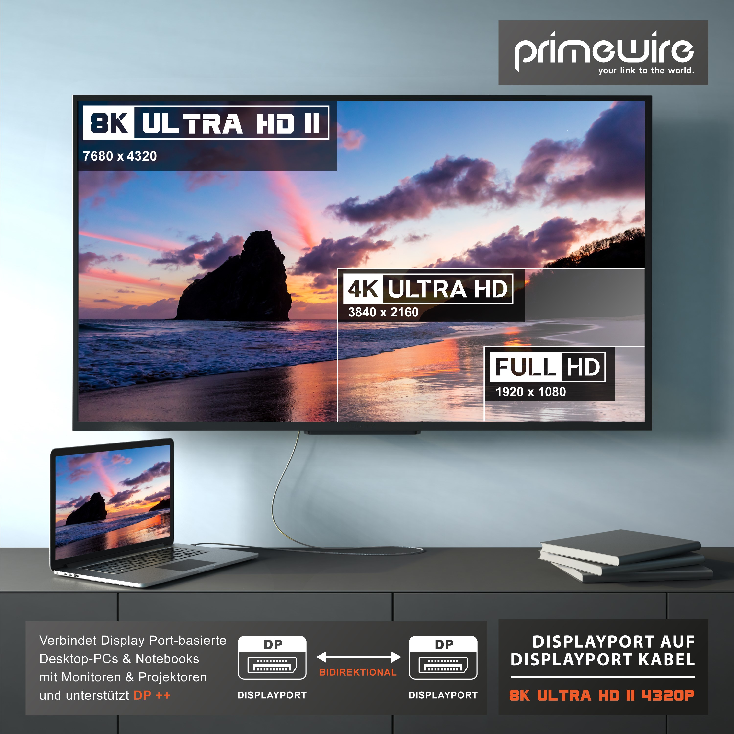 Ein Laptop ist über ein Kabel mit einem großen 8K-Fernseher verbunden, der verschiedene Auflösungen zeigt.