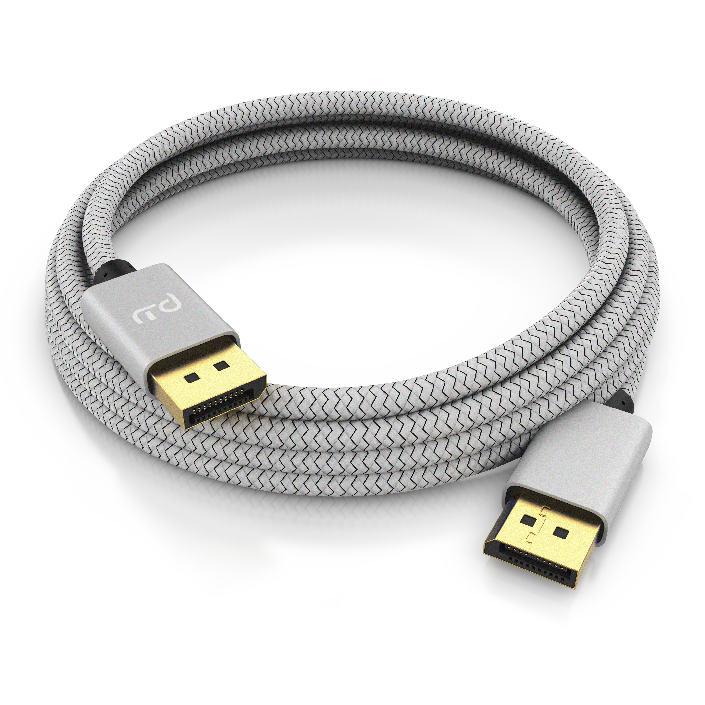Gerolltes DisplayPort-Kabel mit grauem Stoffmantel und goldenen Steckern auf weißem Hintergrund.