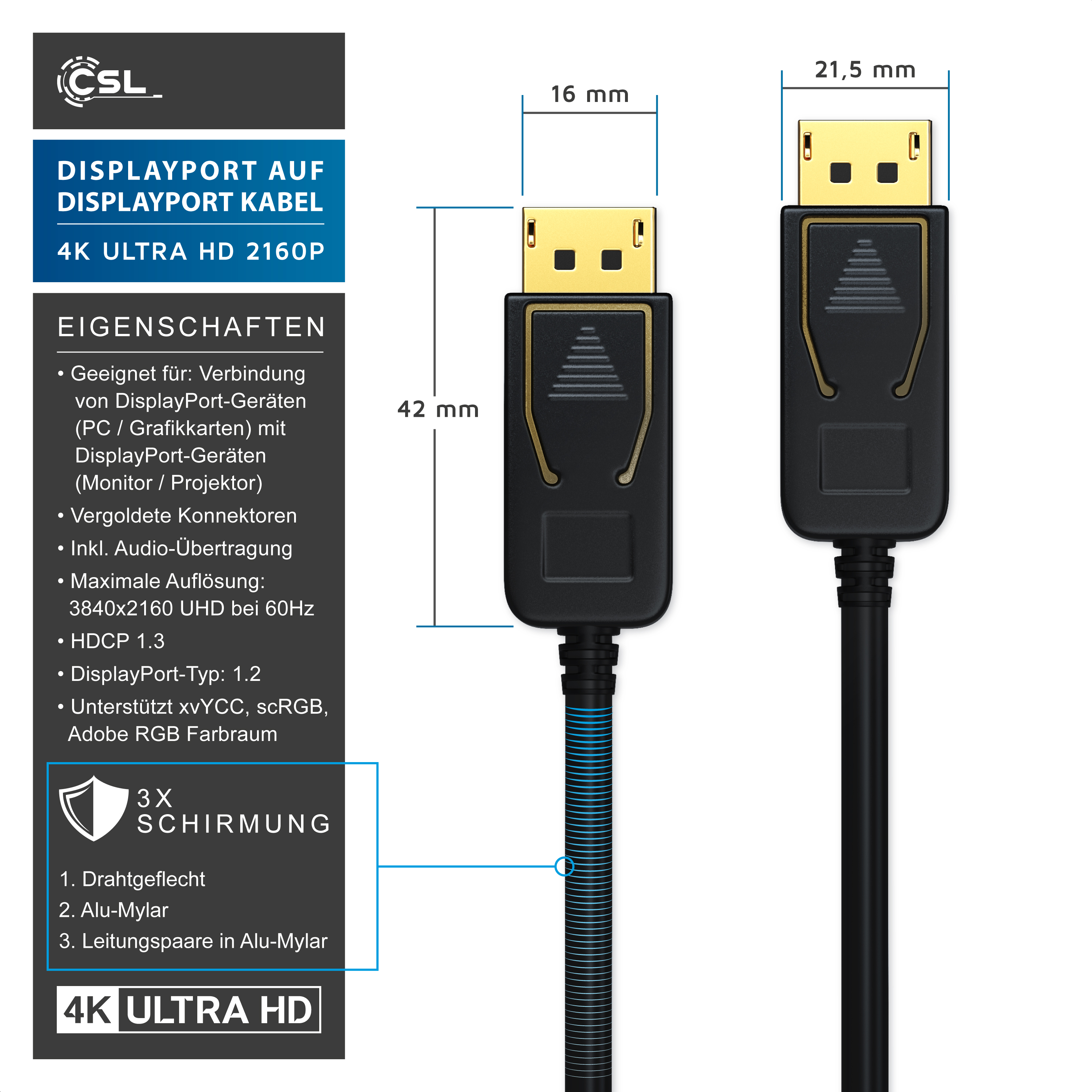 Technische Zeichnung und Produktdetails eines CSL DisplayPort-Kabels mit Abmessungen und 4K Ultra HD-Spezifikation.