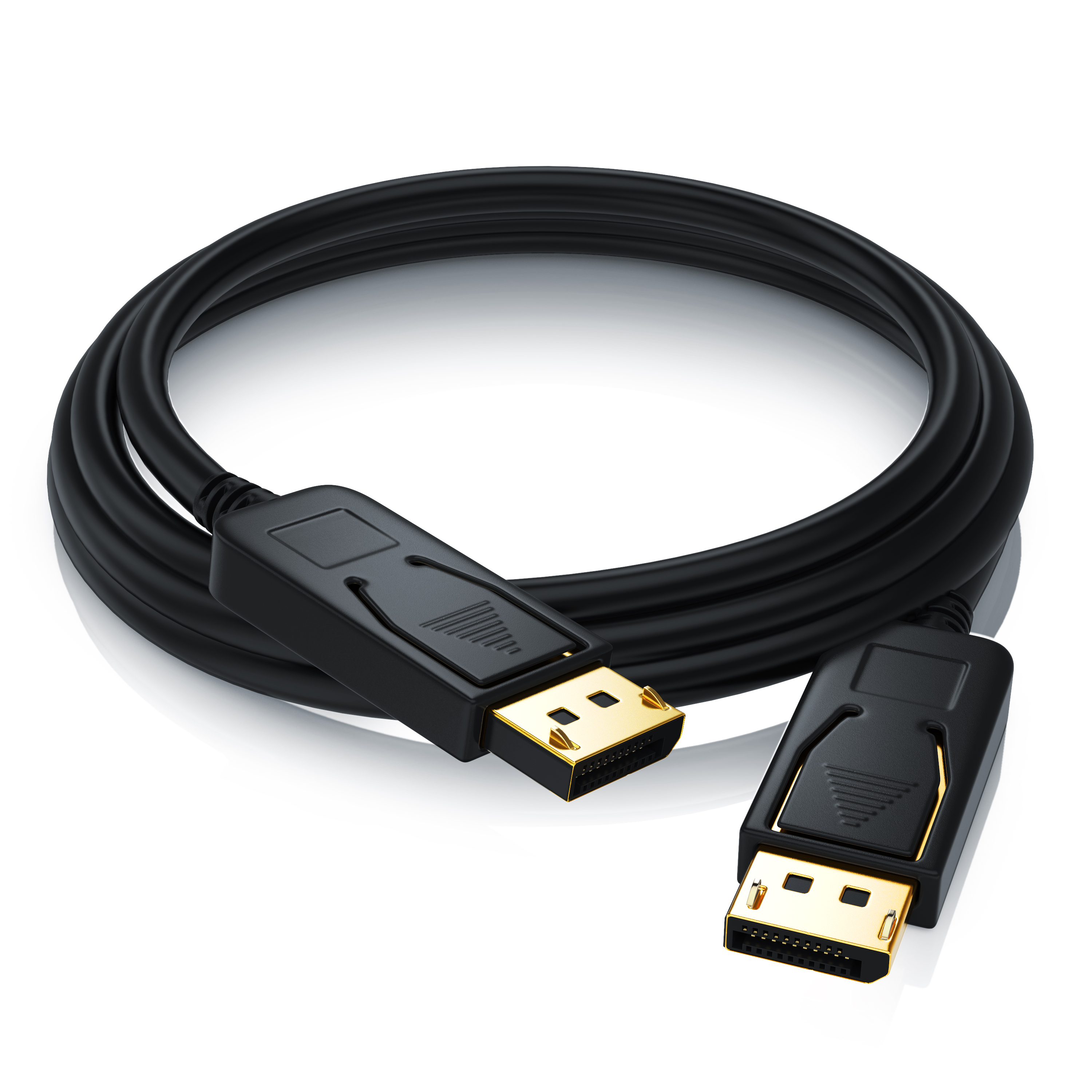 Ein aufgerolltes schwarzes DisplayPort-Kabel mit vergoldeten Anschlüssen auf weißem Hintergrund.