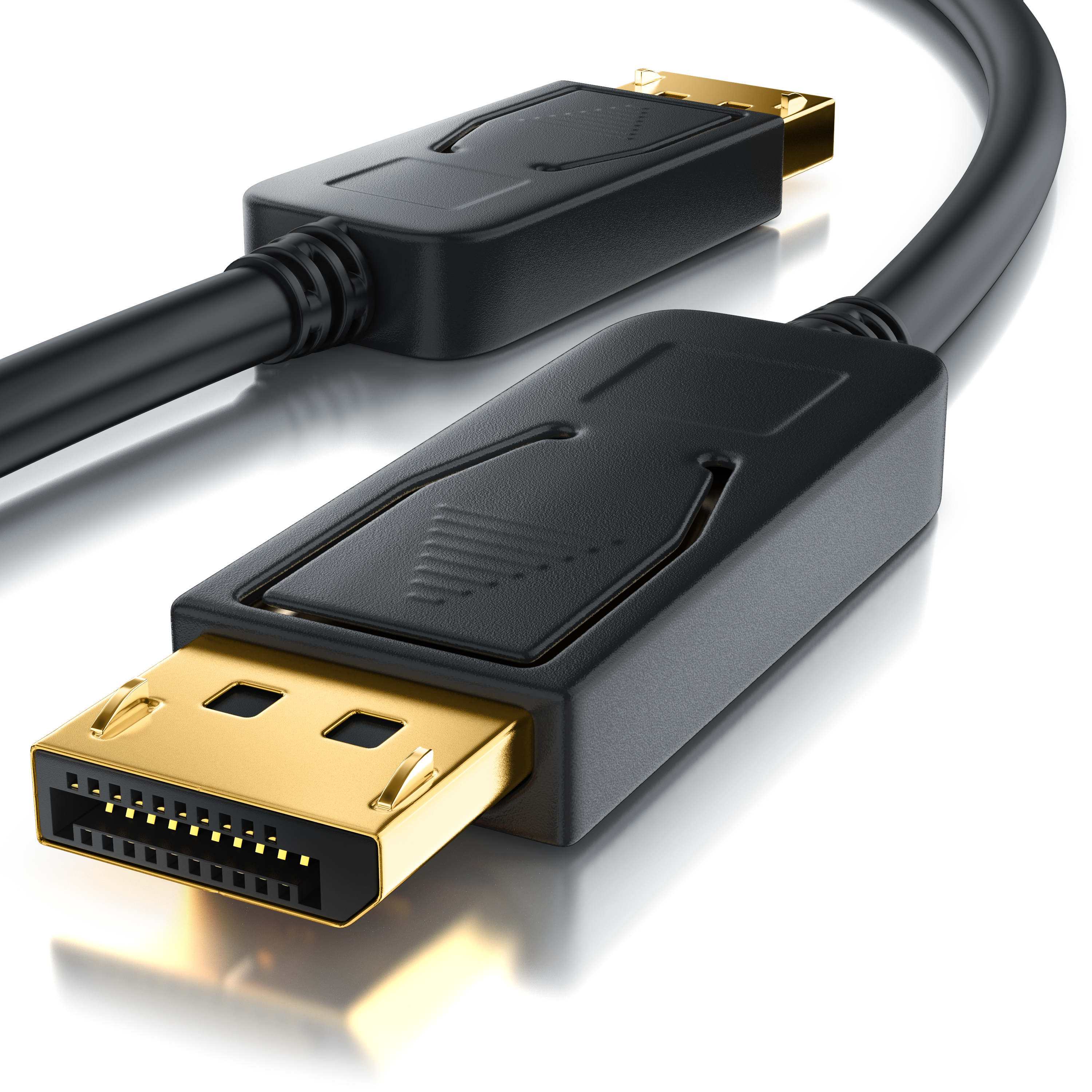 Nahaufnahme von zwei schwarzen DisplayPort-Kabeln mit vergoldeten Steckern auf einer weiß reflektierenden Oberfläche.