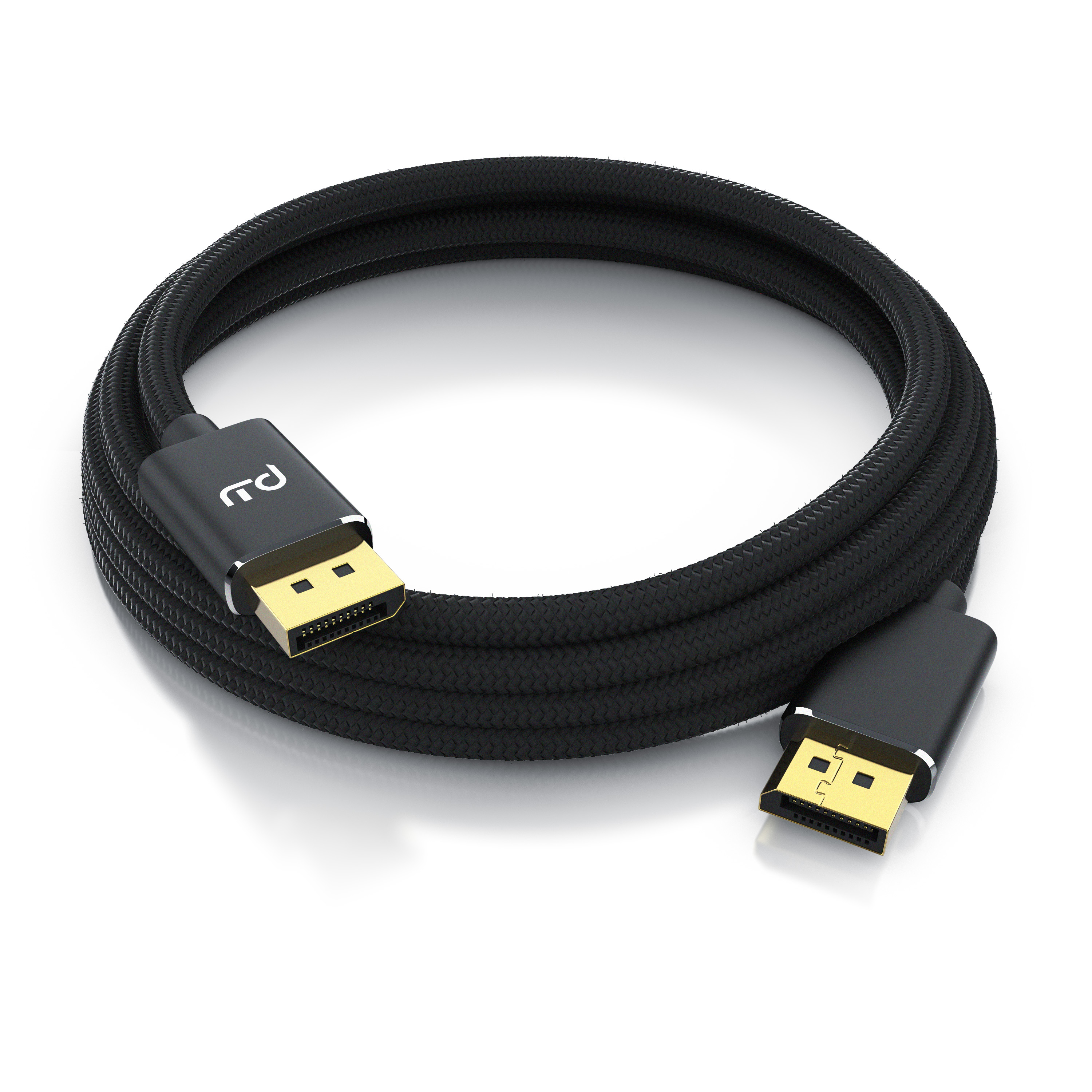 Ein schwarzes DisplayPort-Kabel mit geflochtenem Mantel und vergoldeten Anschlüssen liegt auf weißem Grund.