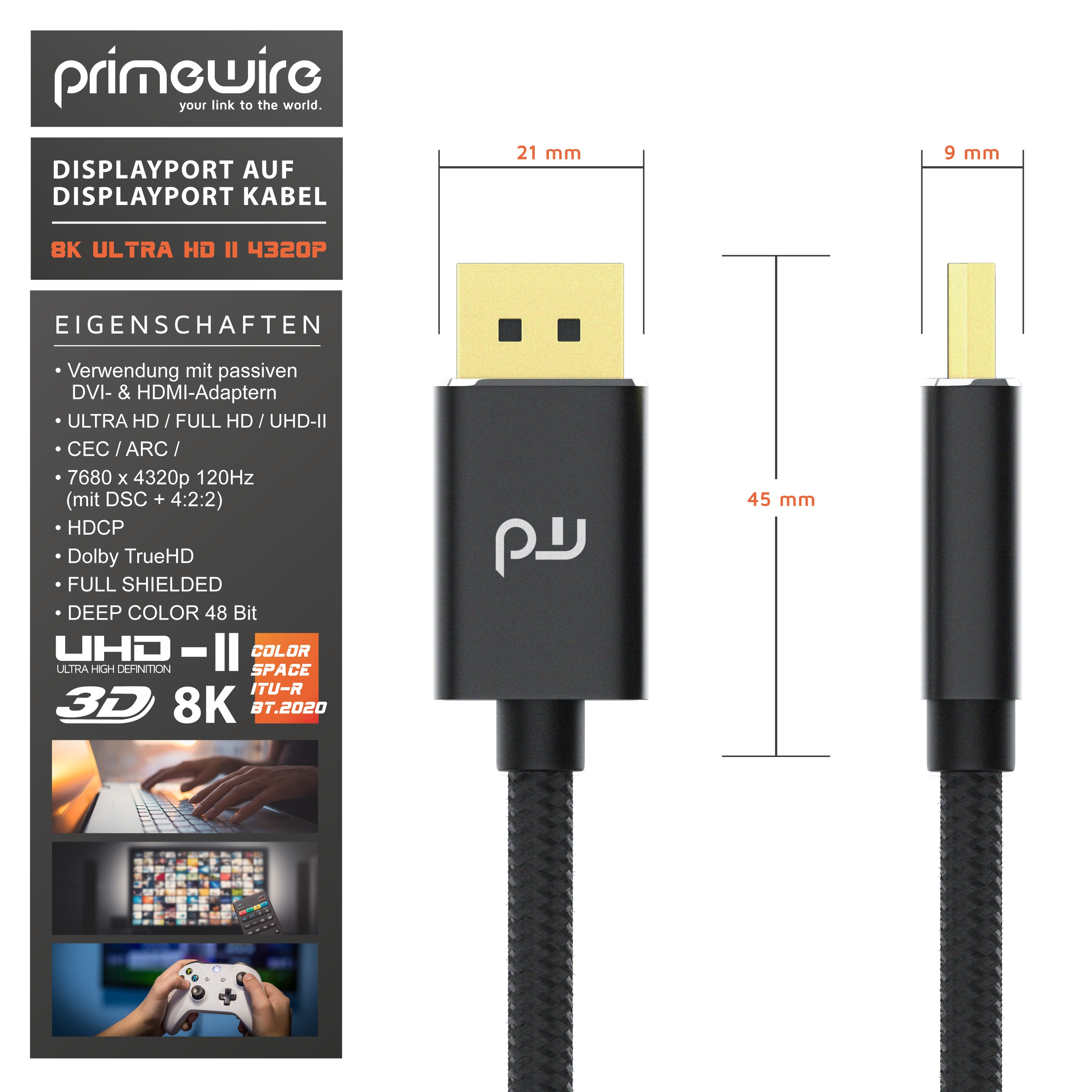 Technische Zeichnung und Produktabbildung eines Primewire DisplayPort-Kabels mit Abmessungen.