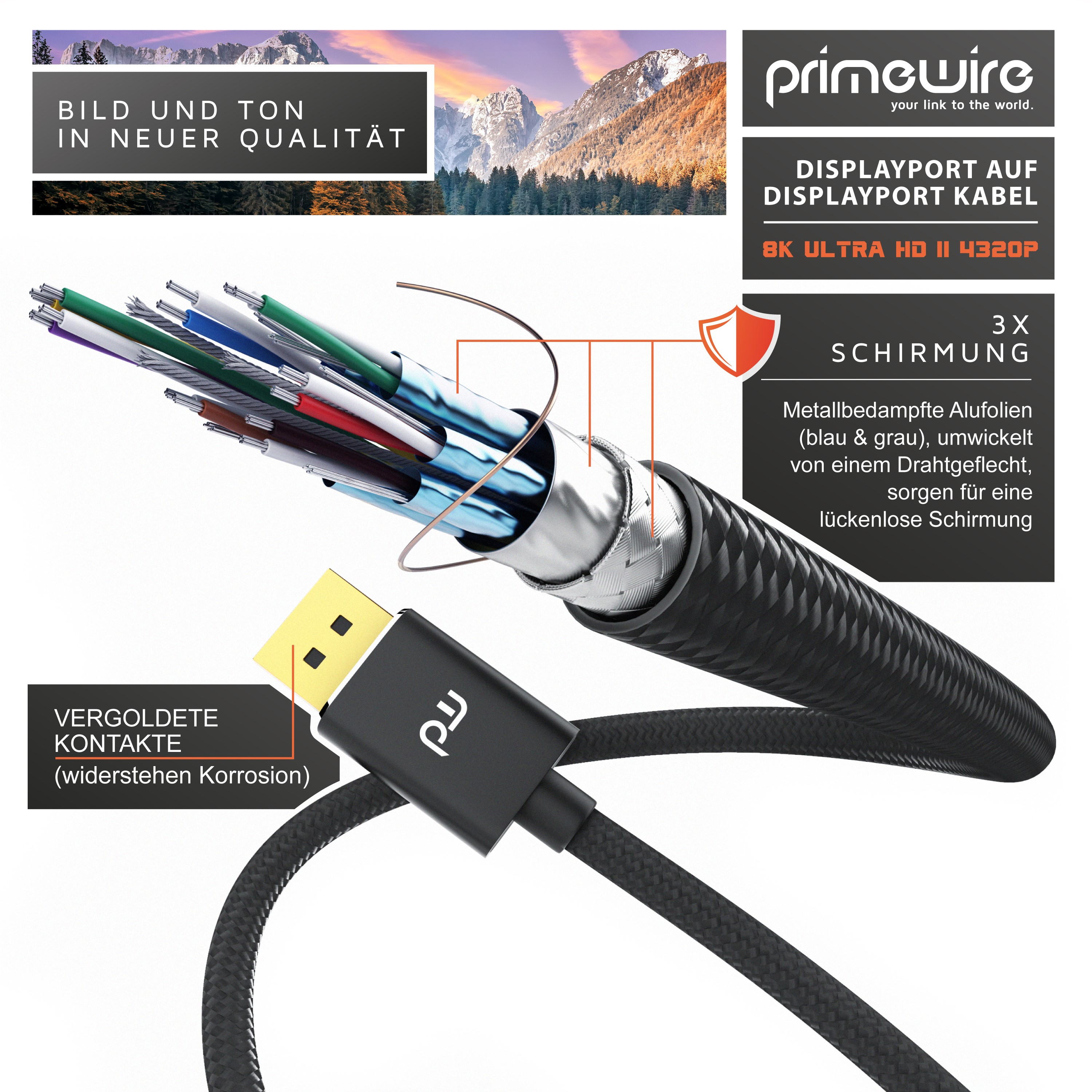 DisplayPort-Kabel mit Innenstruktur, mehrfacher Schirmung und vergoldeten Kontakten.