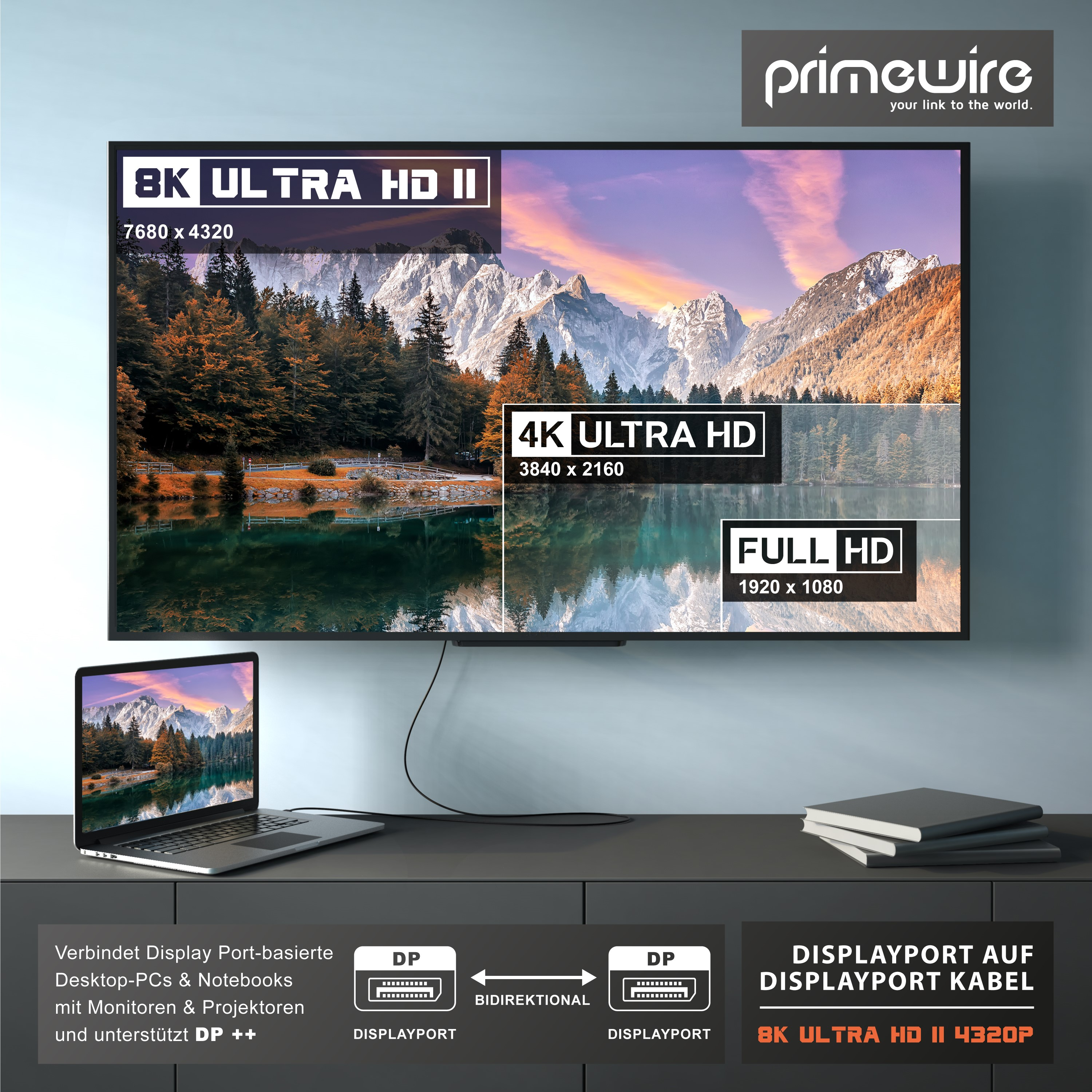 Ein Laptop ist per DisplayPort-Kabel an einen großen 8K-Fernseher angeschlossen, mit Text und Grafiken im Hintergrund.