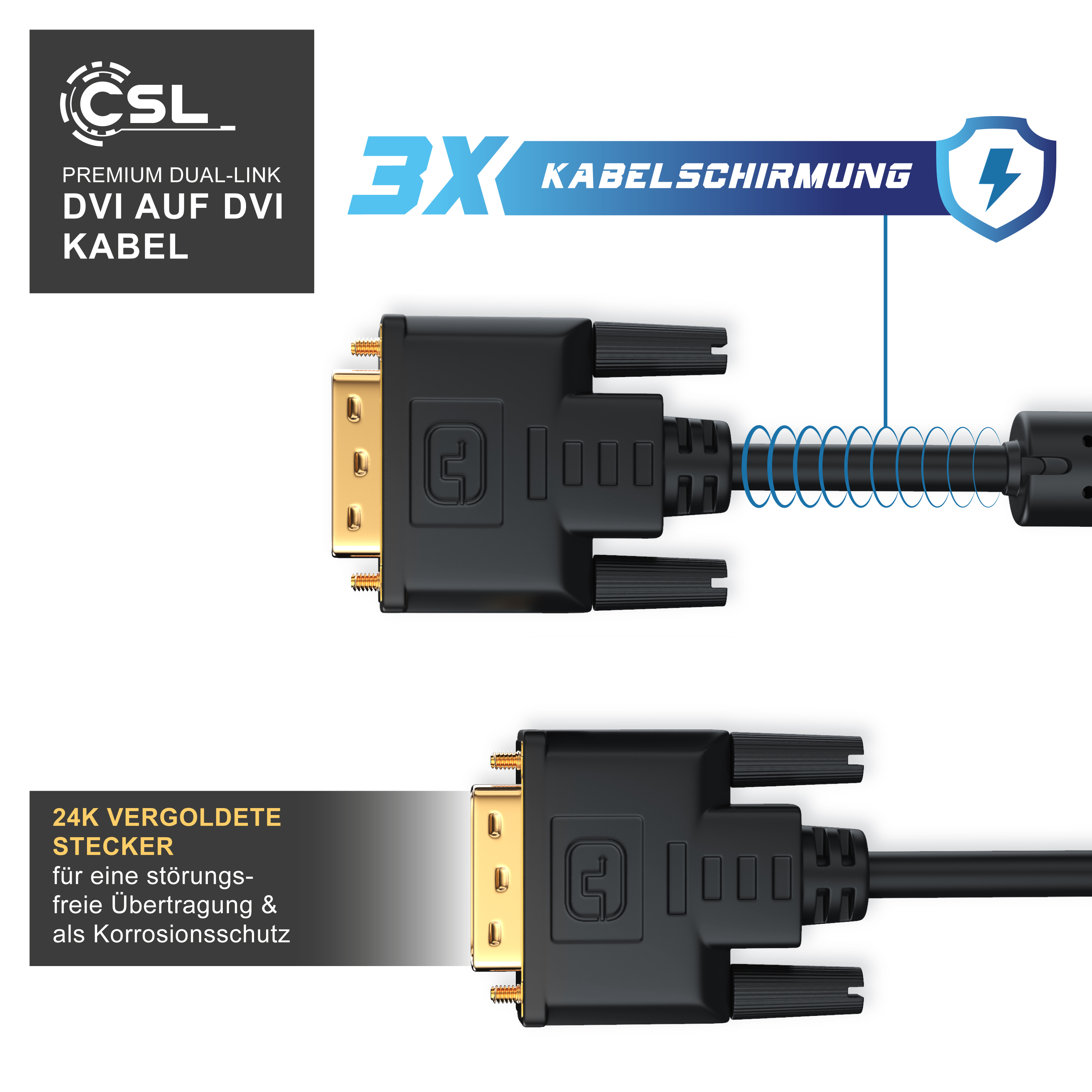 CSL DVI-D-Kabel mit 3-fach-Schirmung und 24K vergoldeten Steckern für störungsfreie Übertragung.