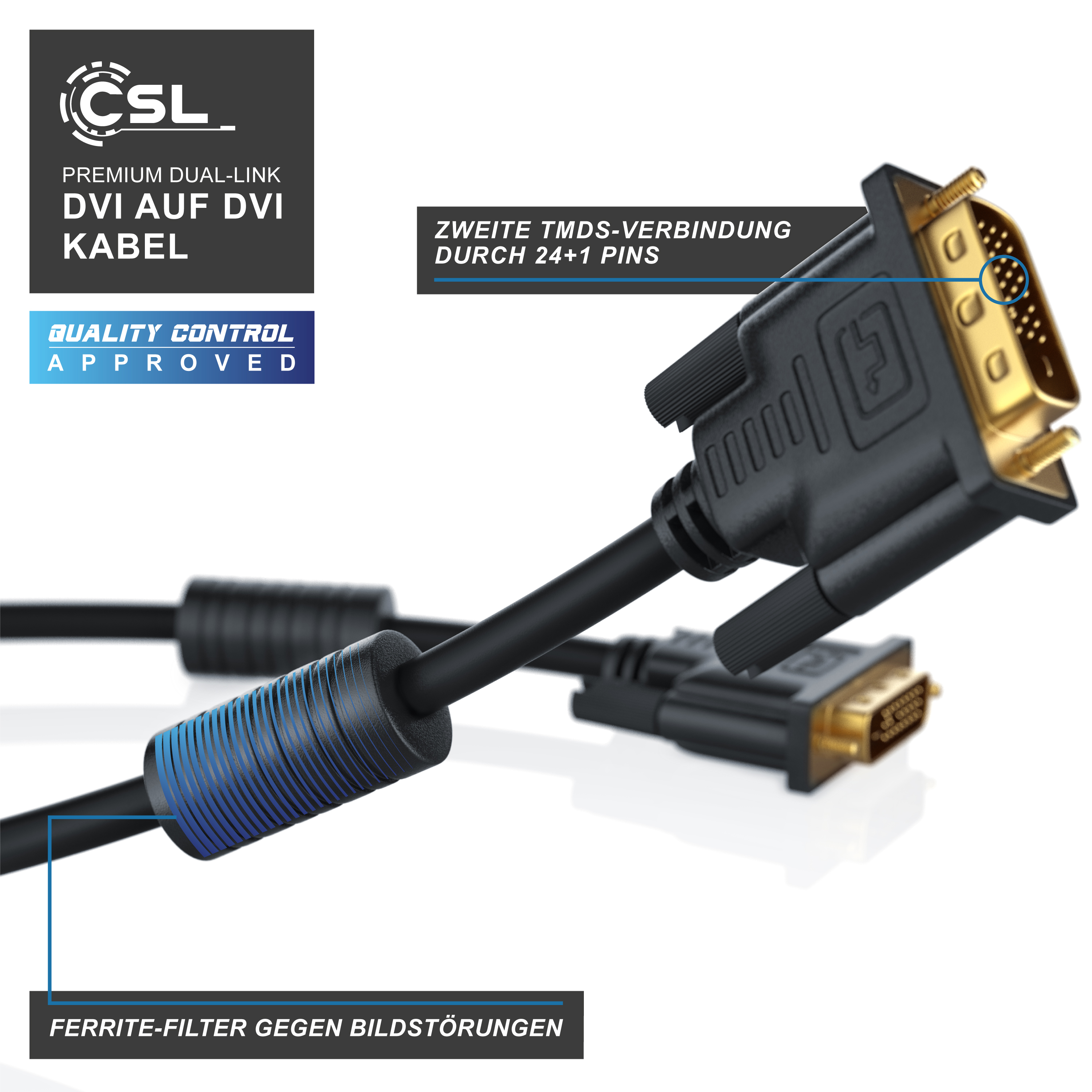 DVI-D-Kabel mit Ferritkern und CSL-Logo. Text hebt 24+1 Pins und Ferrit-Filter hervor.