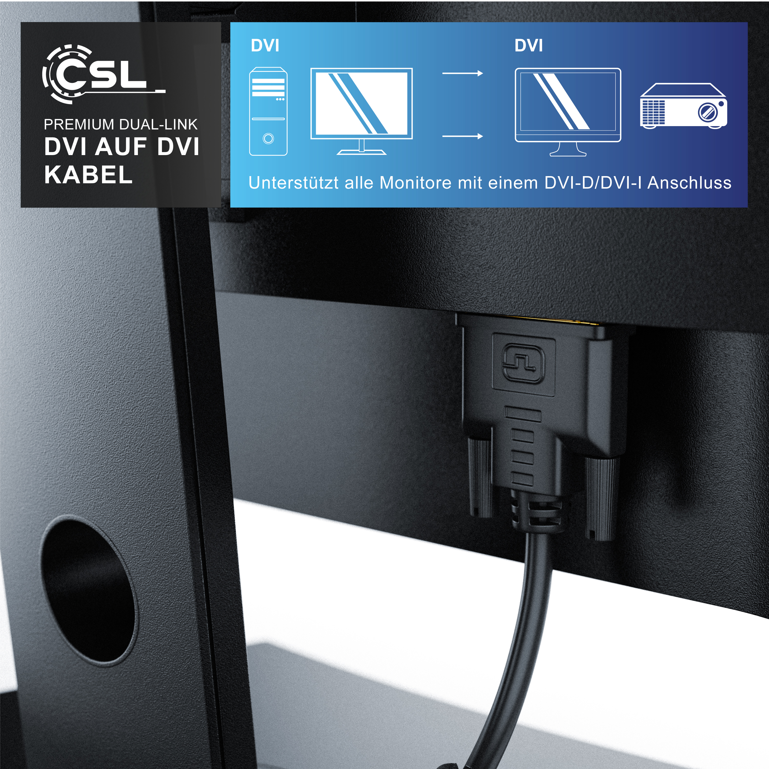 Ein schwarzes DVI-Kabel ist an die Rückseite eines Monitors angeschlossen, mit einem Infofeld oben links.