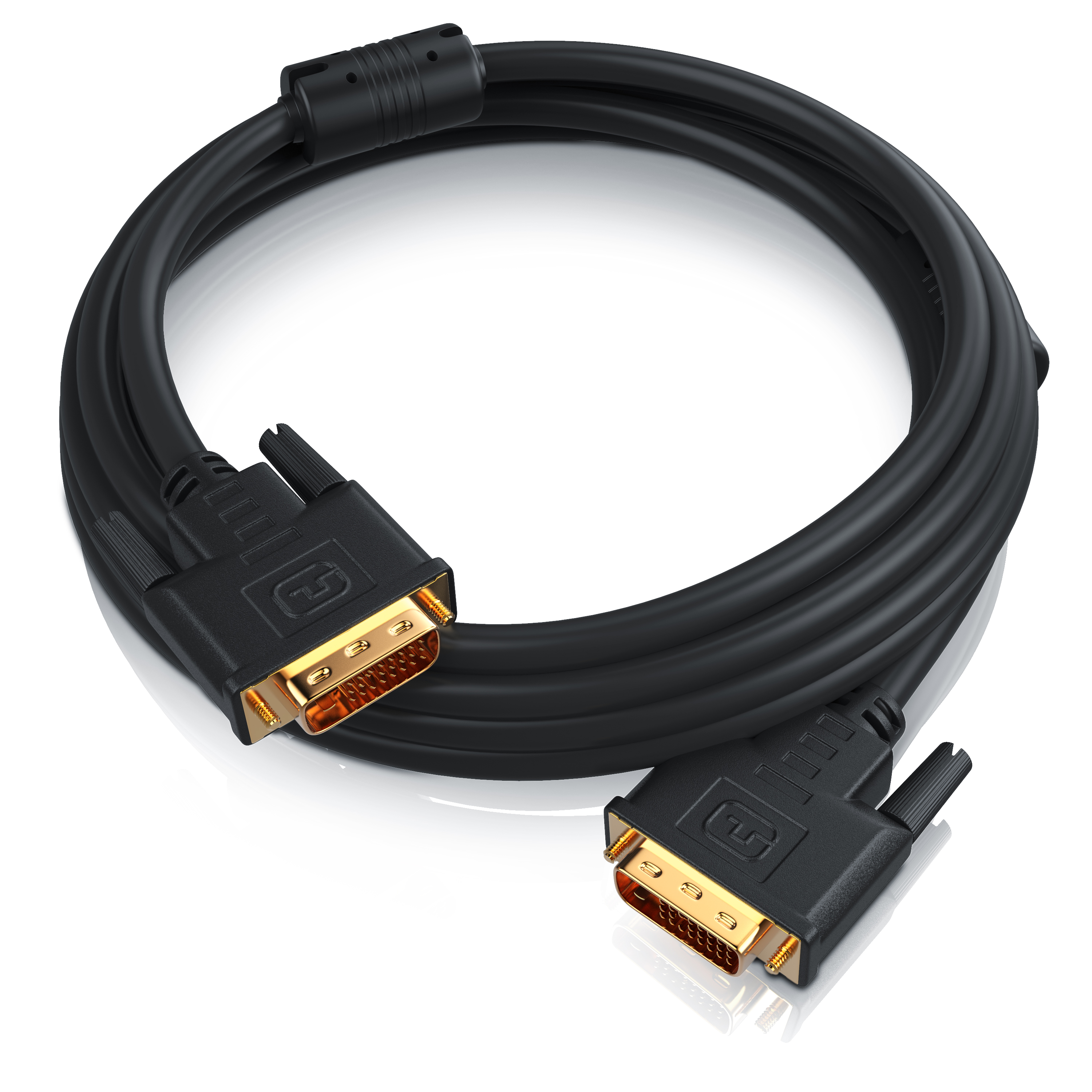 Ein aufgerolltes schwarzes DVI-Kabel mit vergoldeten Anschlüssen an beiden Enden auf einer reflektierenden weißen Oberfläche.