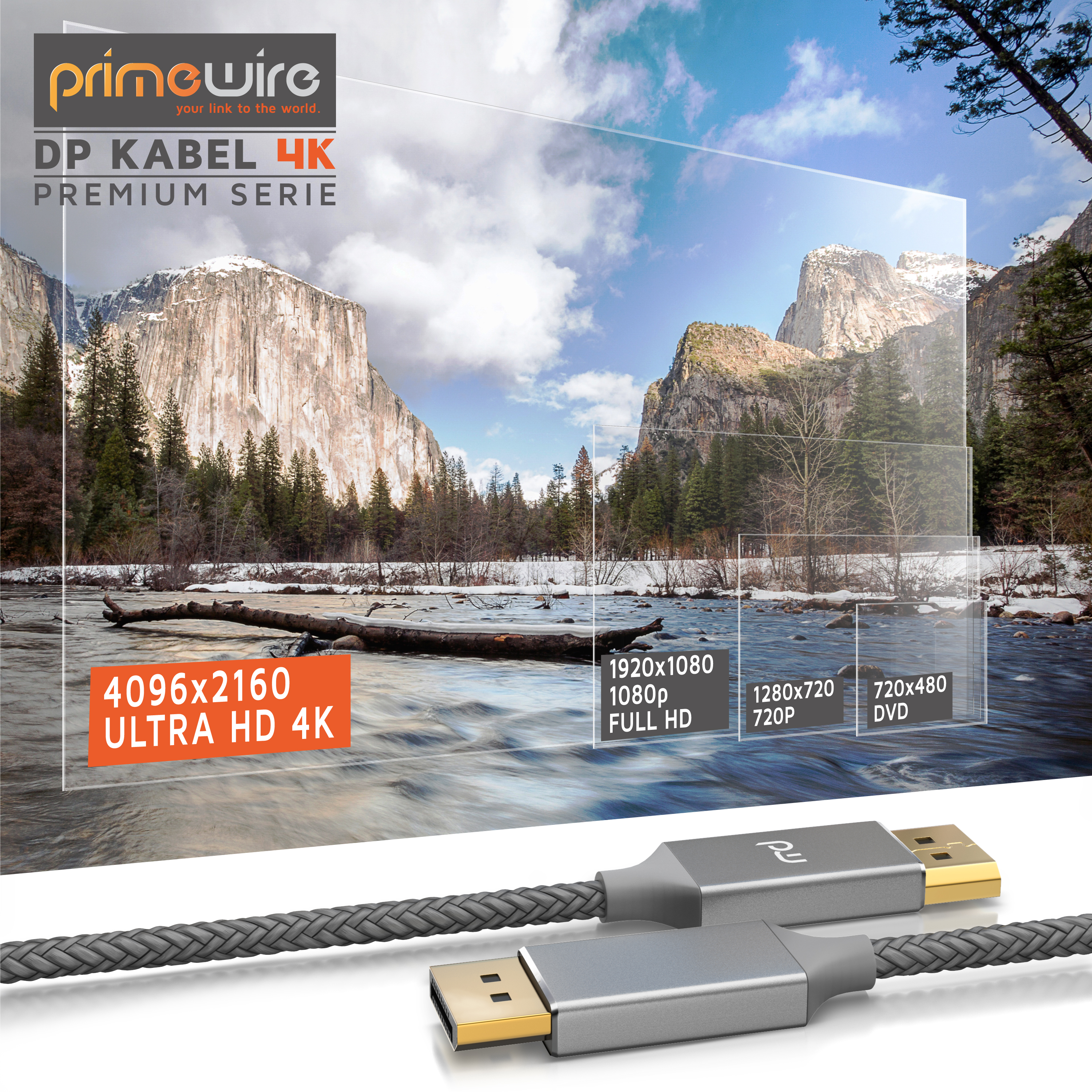 PrimeWire DP-Kabel 4K mit grauem geflochtenem Kabel und goldenen Steckern vor einer bergigen Naturkulisse.