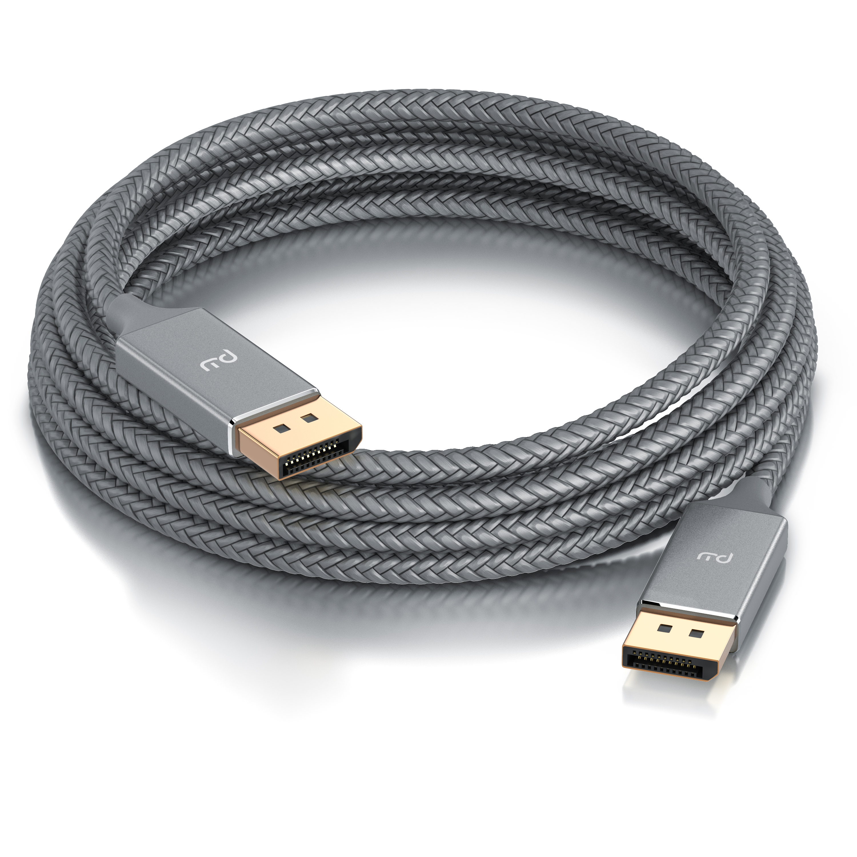 Ein zusammengerolltes graues DisplayPort-Kabel mit goldenen Anschlüssen auf einer weißen Oberfläche.
