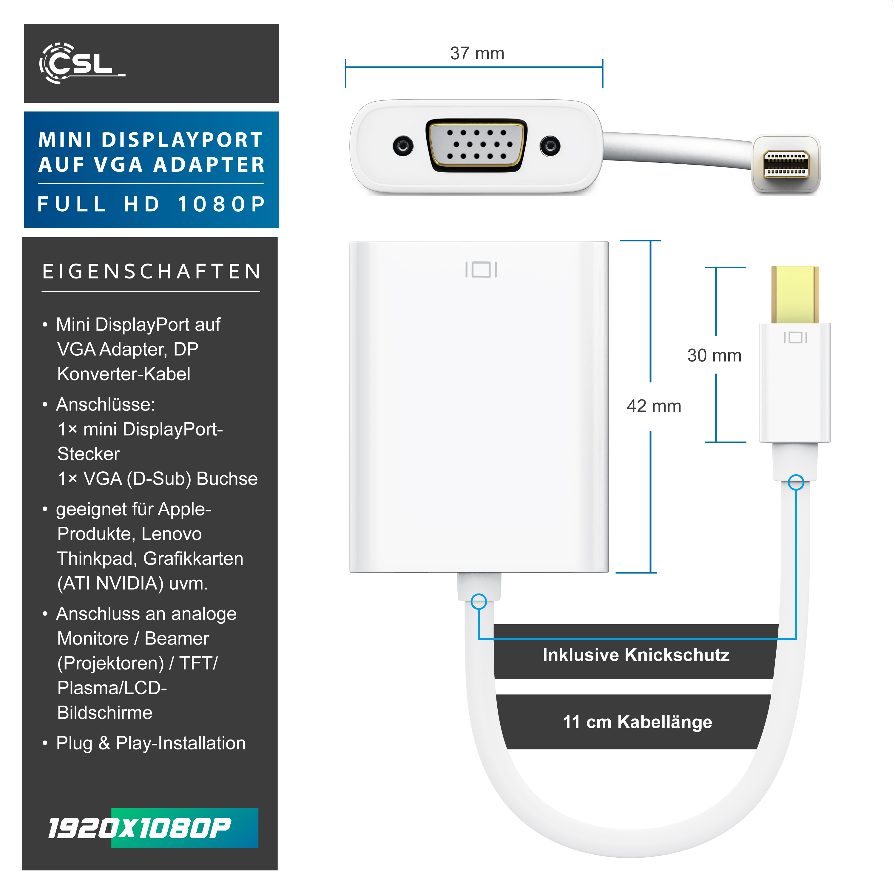 Technisches Diagramm eines weißen Mini DisplayPort zu VGA Adapters mit Maßen und Produktmerkmalen.