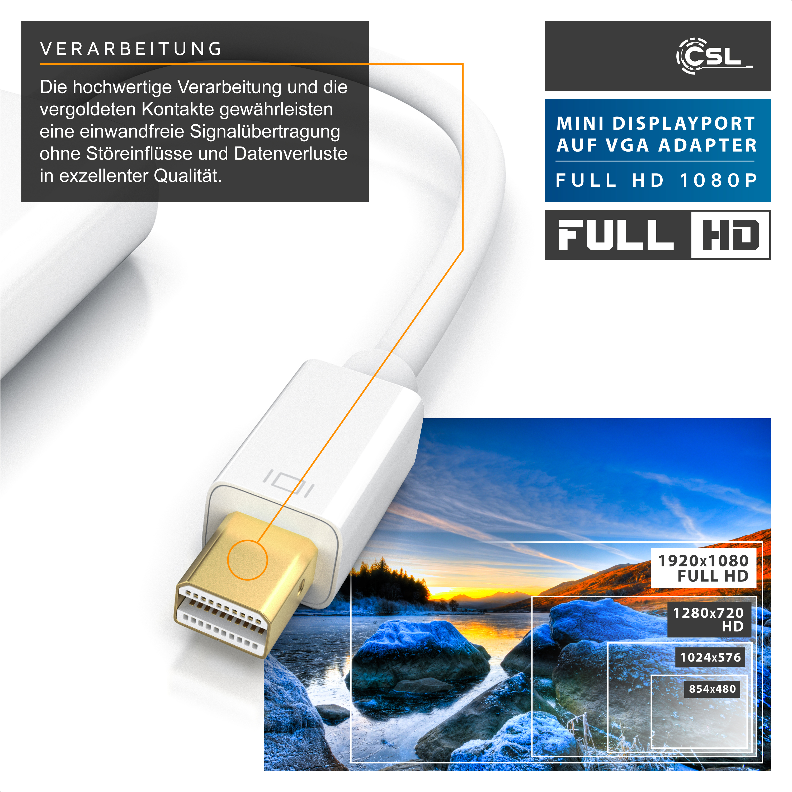 Ein weißer Mini DisplayPort-Adapter mit goldenem Stecker, Textfeldern und Landschafts-Hintergrundbild.