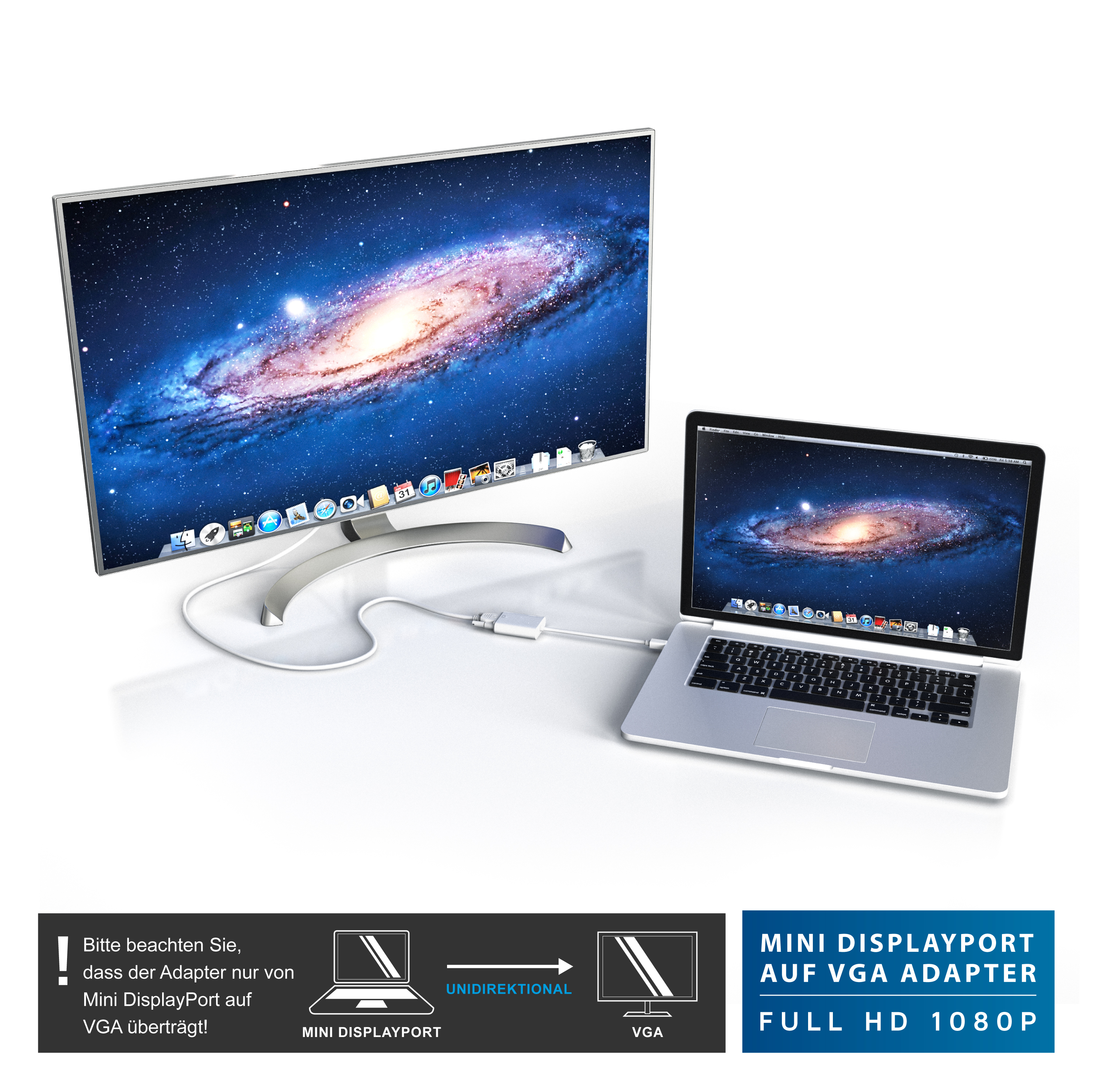 Ein Laptop ist über ein Kabel mit einem großen Monitor verbunden, beide zeigen eine Galaxie.