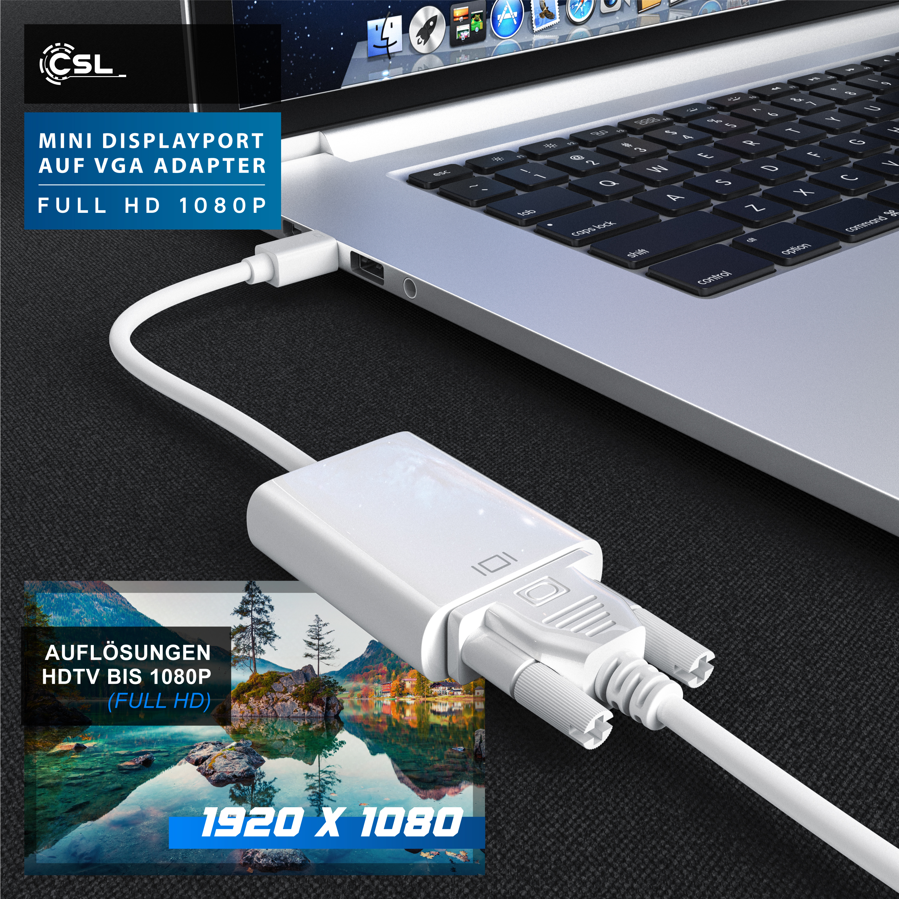 Ein weißer Mini-DisplayPort-auf-VGA-Adapter, eingesteckt in ein Laptop auf schwarzem Grund.