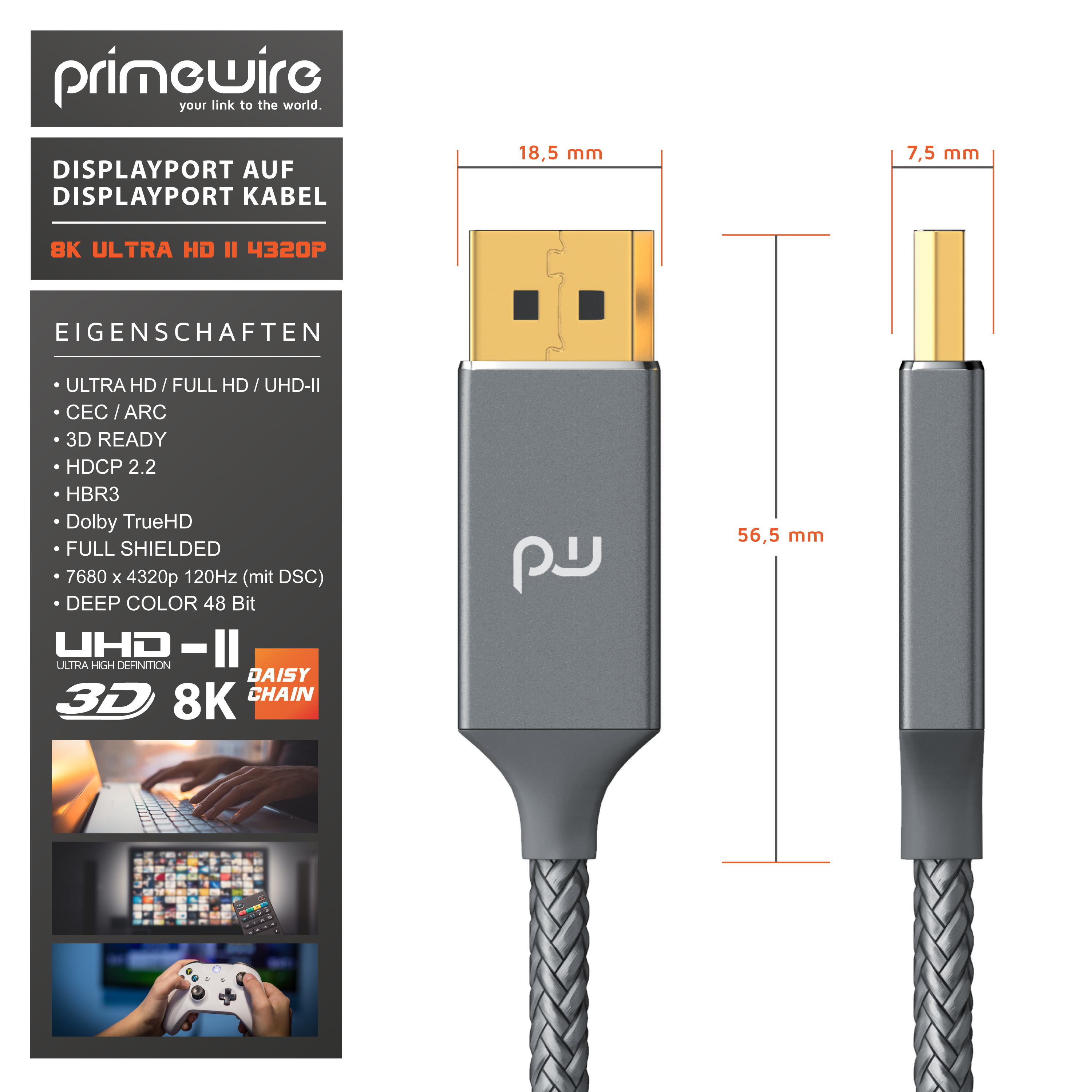 Technische Zeichnung und Maße eines DisplayPort-Kabels mit goldenen Steckern.