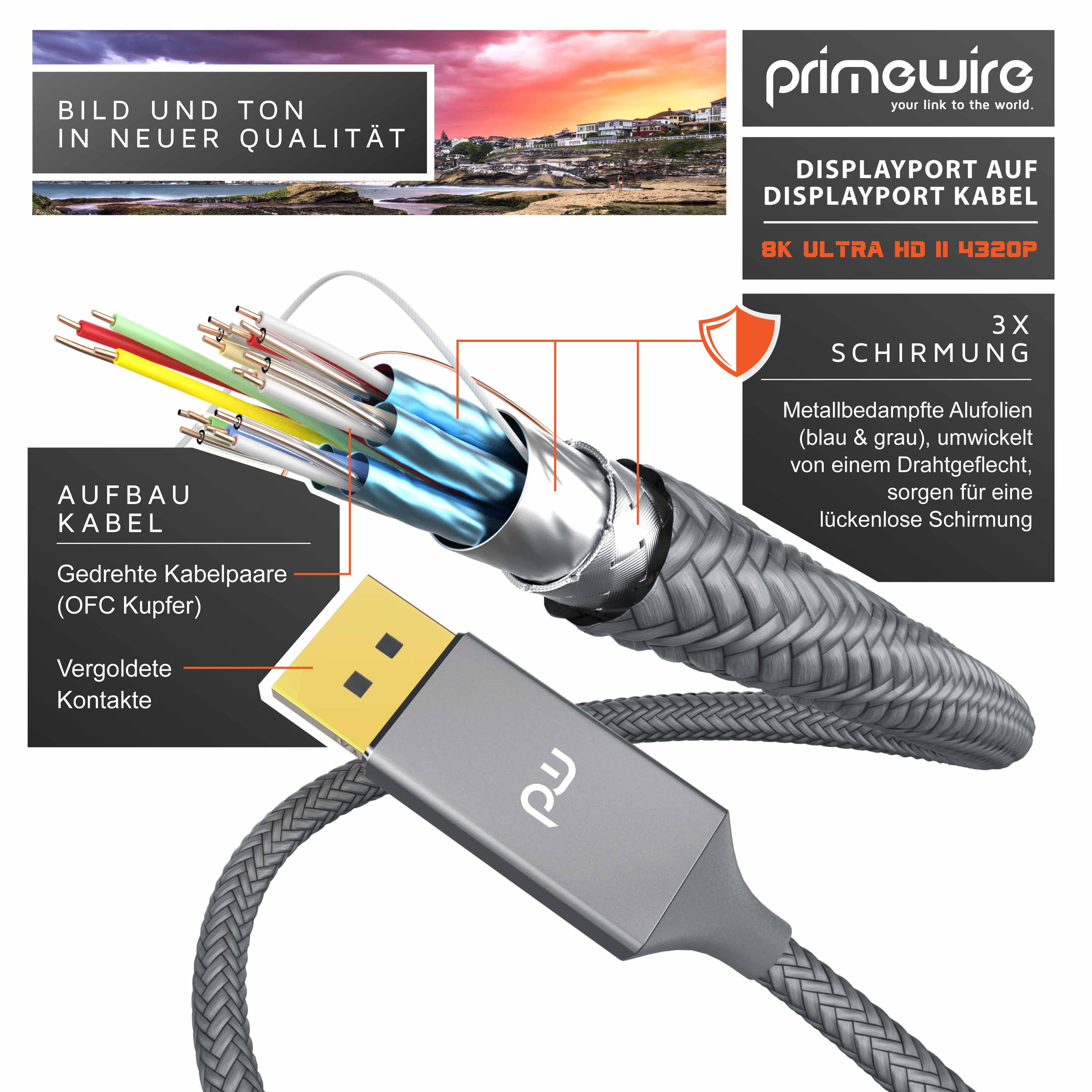 Diagramm zeigt den inneren Aufbau eines geschirmten DisplayPort-Kabels mit vergoldeten Kontakten.