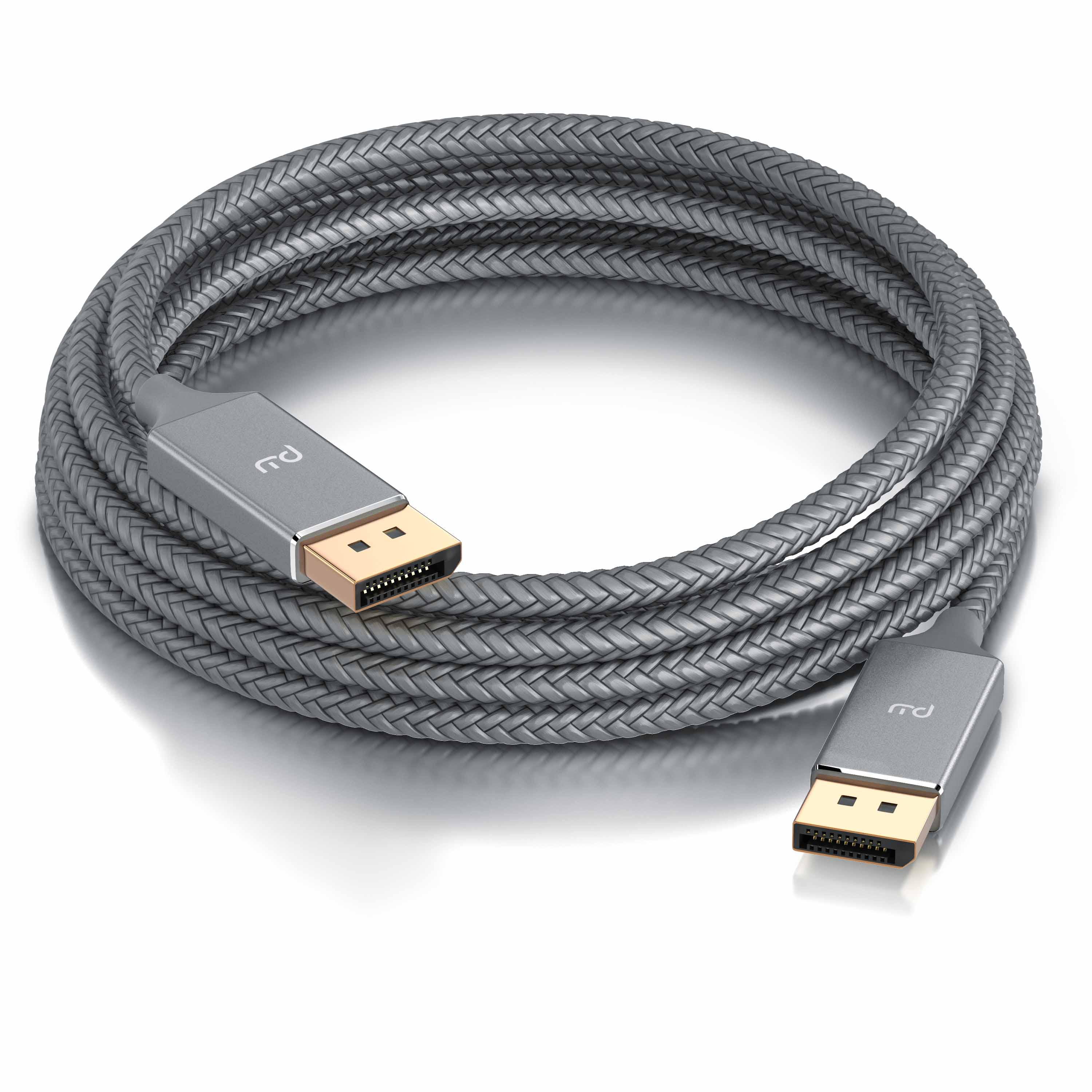 Ein graues DisplayPort-Kabel mit geflochtenem Mantel und goldenen Steckern liegt auf weißem Hintergrund.