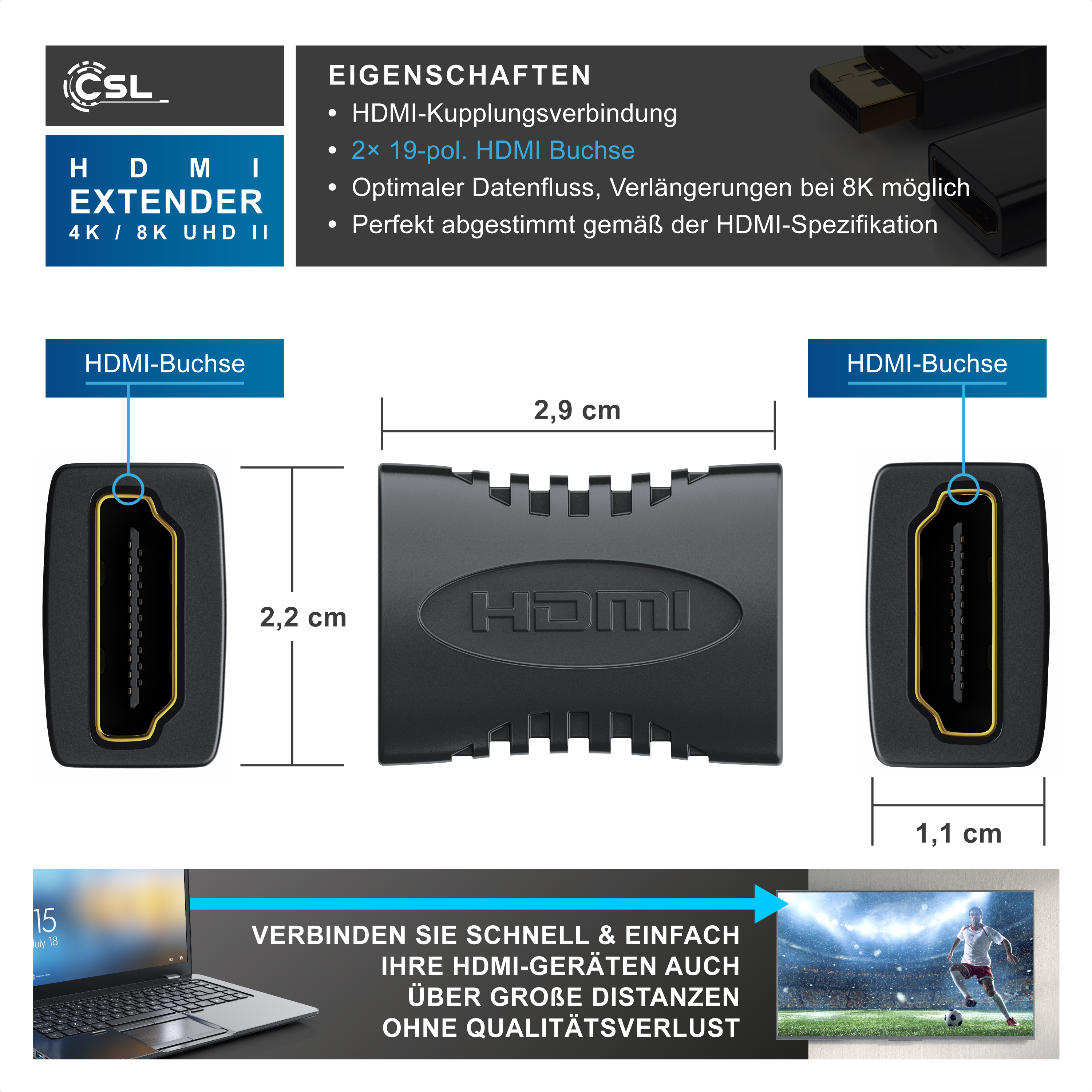 Technische Zeichnung und Maße eines schwarzen HDMI-Extenders mit zwei Buchsen.