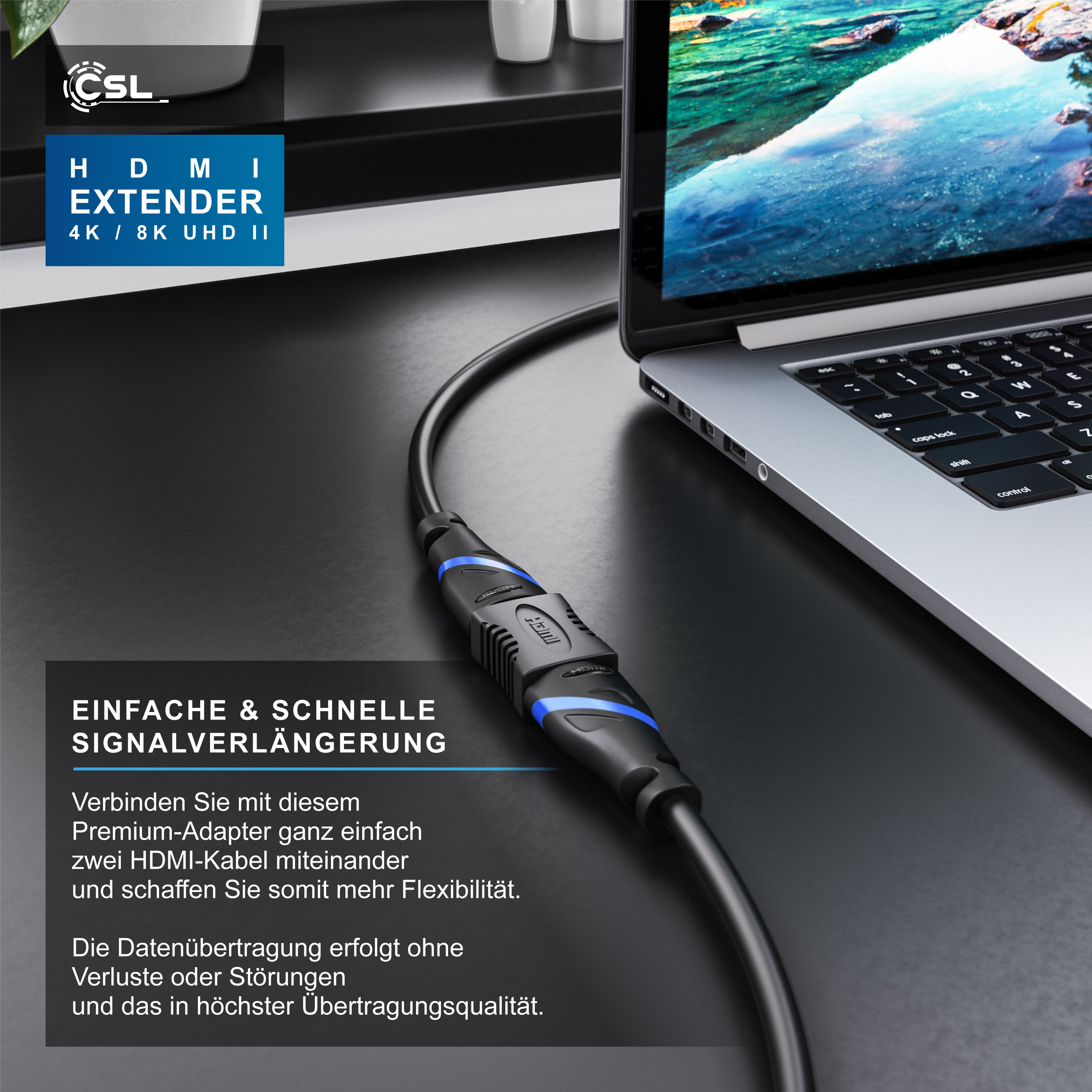 Ein schwarzes HDMI-Verlängerungskabel verbindet sich mit einem Laptop auf einem Tisch, mit Text auf Deutsch.