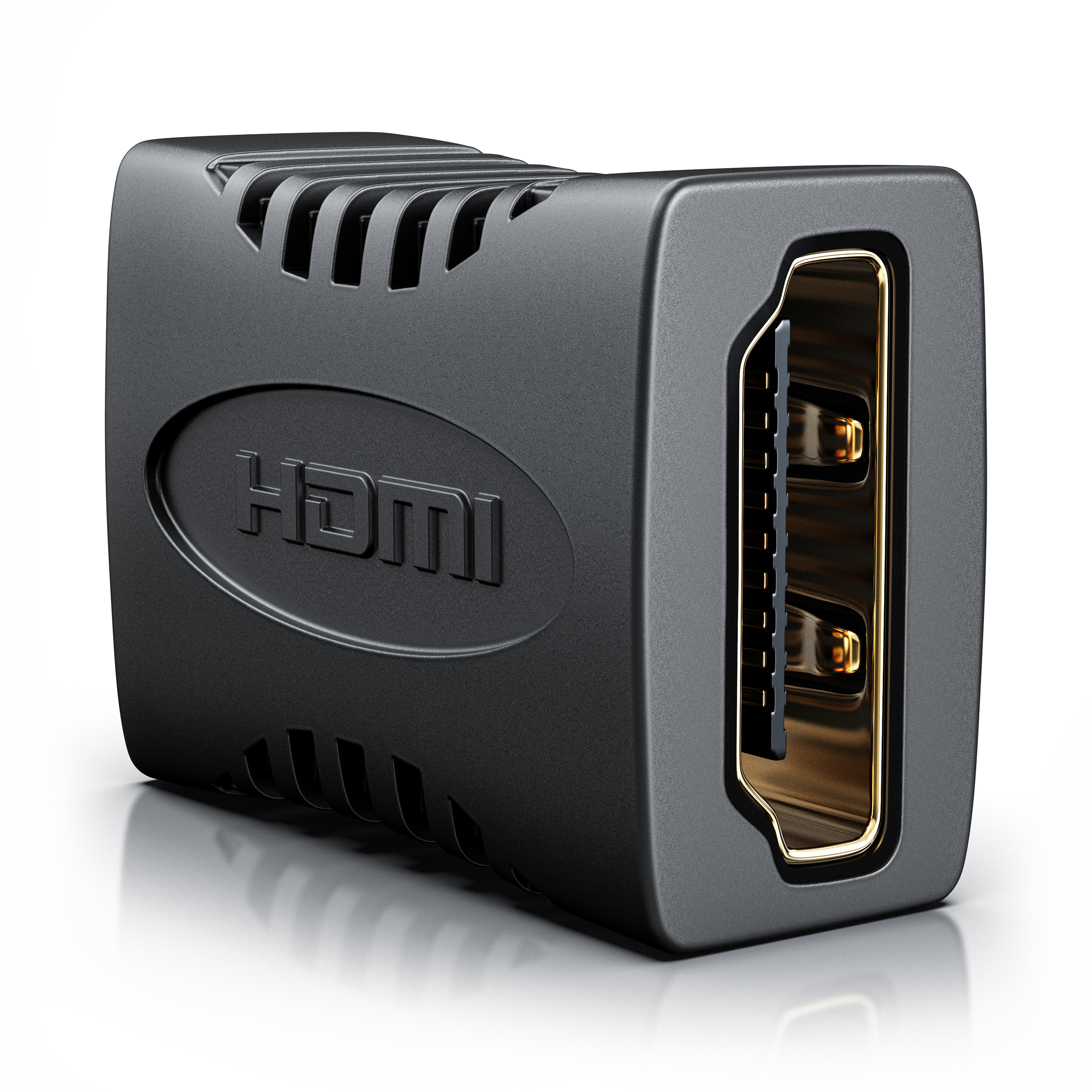 Schwarzer HDMI-Adapter mit vergoldetem Anschluss auf weißem Hintergrund.