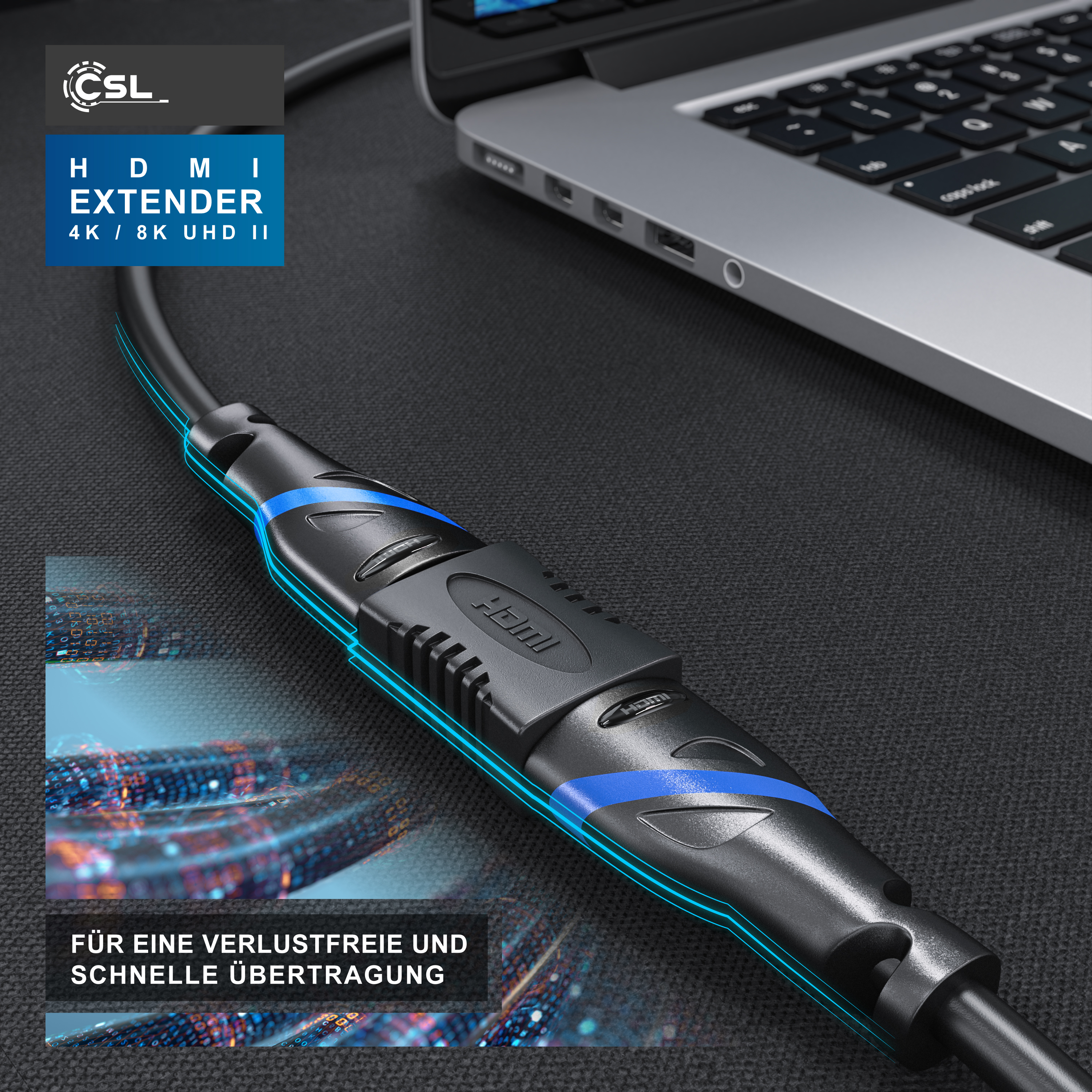 Ein schwarzes HDMI-Extender-Kabel auf dunkler Oberfläche, im Hintergrund ein Laptop.