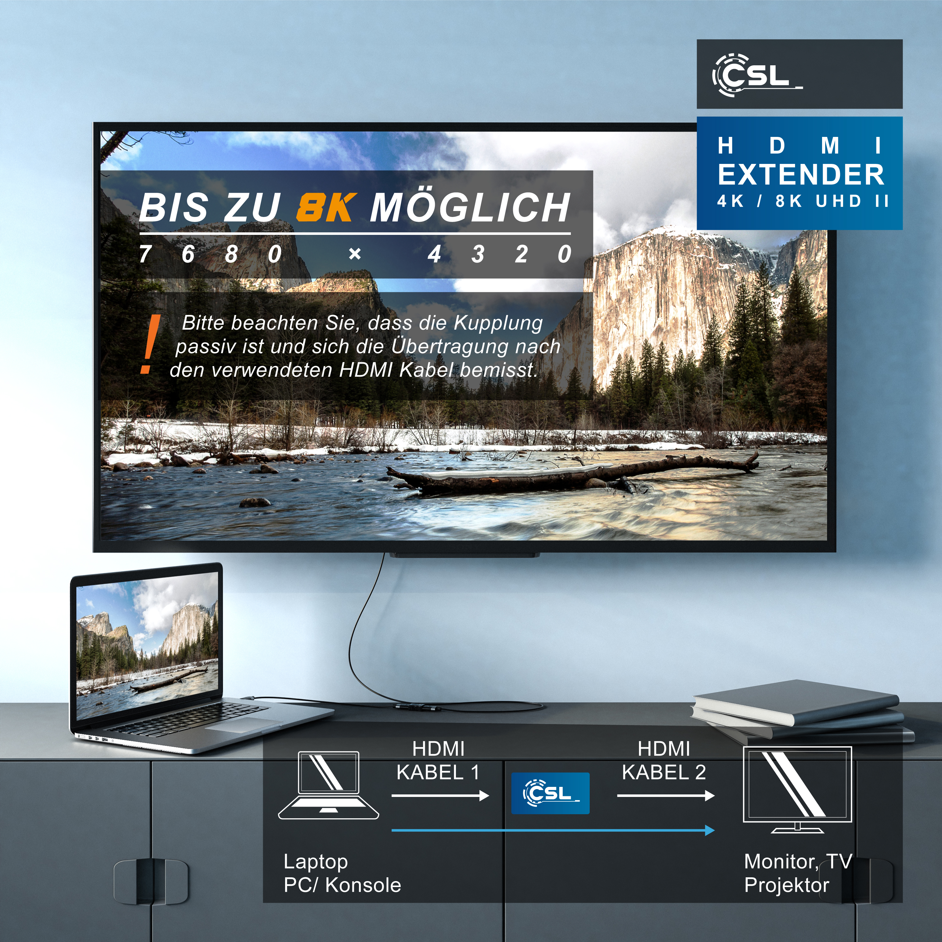 Ein HDMI-Extender verbindet einen Laptop mit einem großen Bildschirm für 8K-Auflösung.