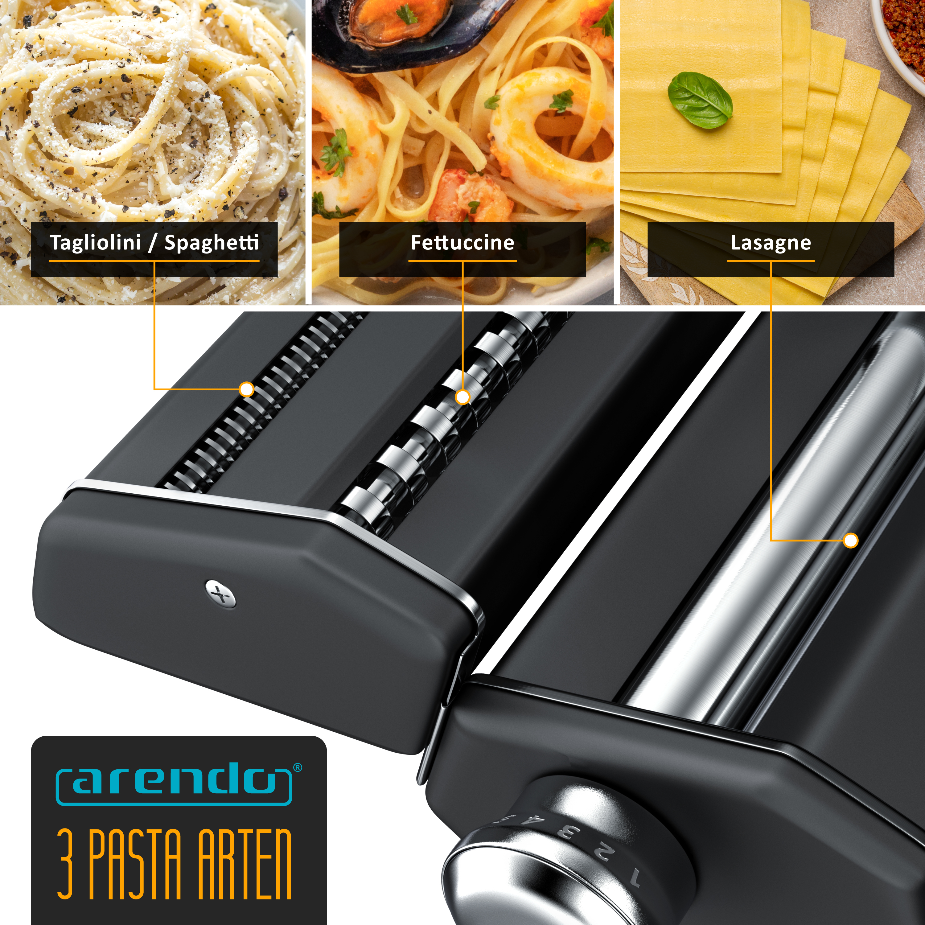 Eine schwarze Nudelmaschine mit drei Walzen für Tagliolini, Fettuccine und Lasagne, gezeigt mit passenden Nudelgerichten.