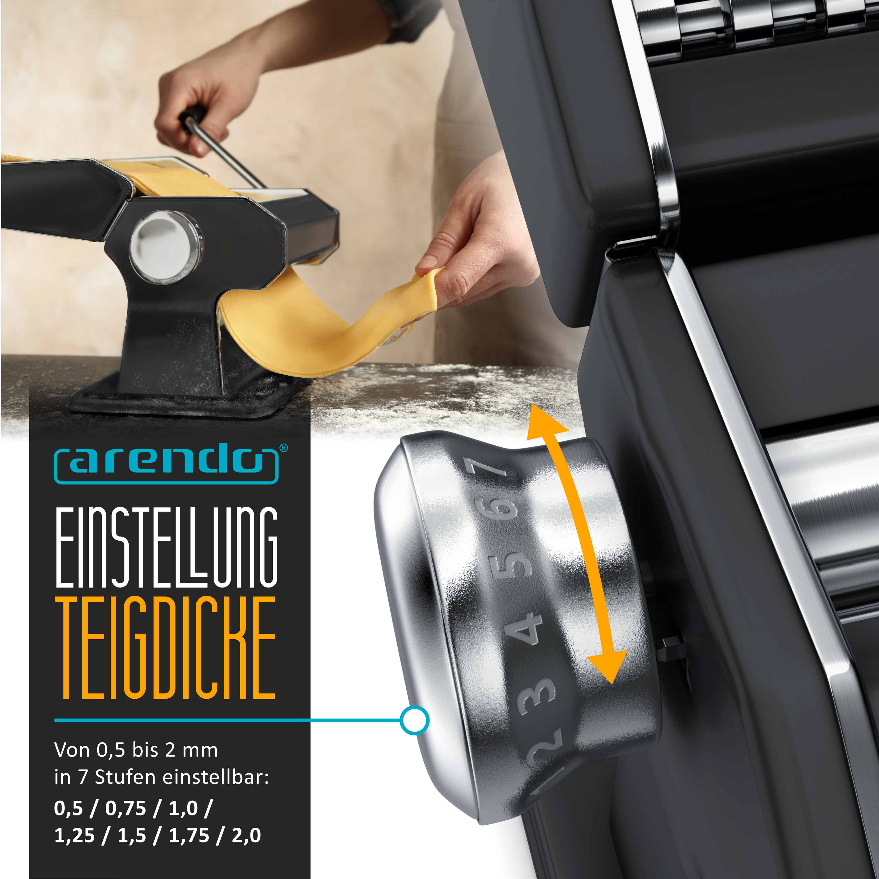 Handbediente Nudelmaschine mit Teigblatt und silbernem Einstellknopf für sieben Dickenstufen von 0,5 bis 2 mm.