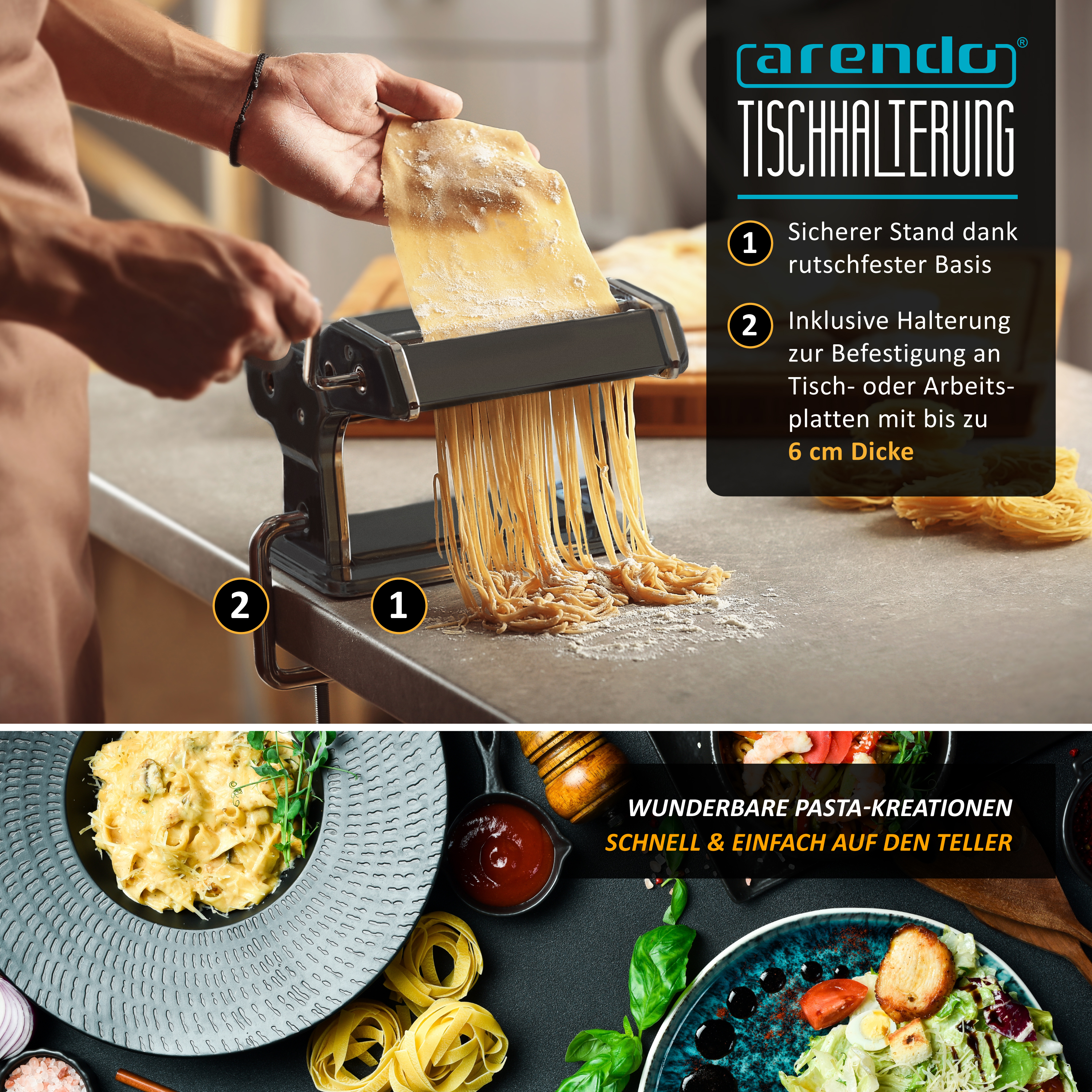 Ein Mensch nutzt eine Nidelmaschine für Teig, daneben verschiedene Pastagerichte.