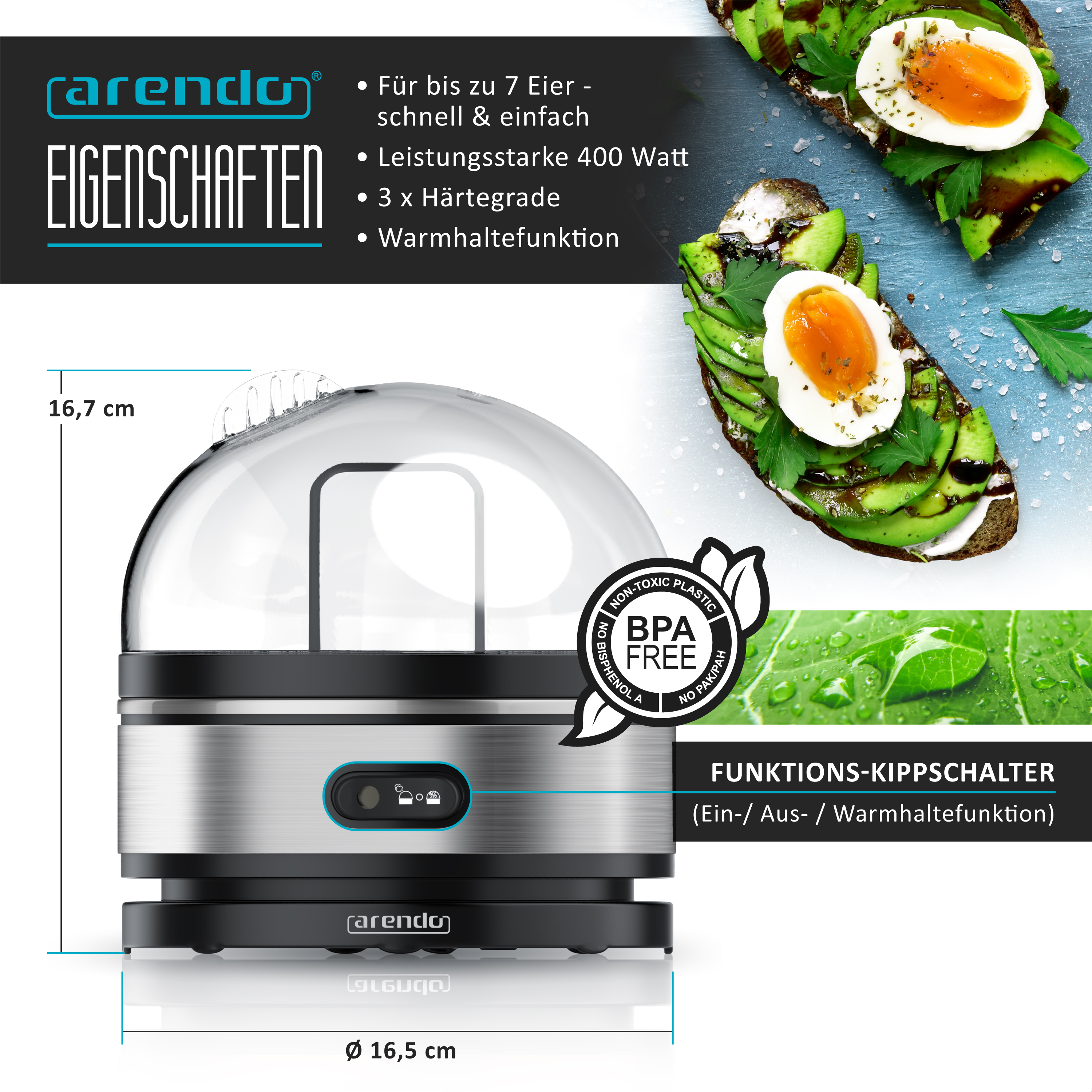 Arendo Eierkocher mit Edelstahlgehäuse und transparentem Deckel, Maße 16,7 x 16,5 cm, daneben Avocado-Toast.