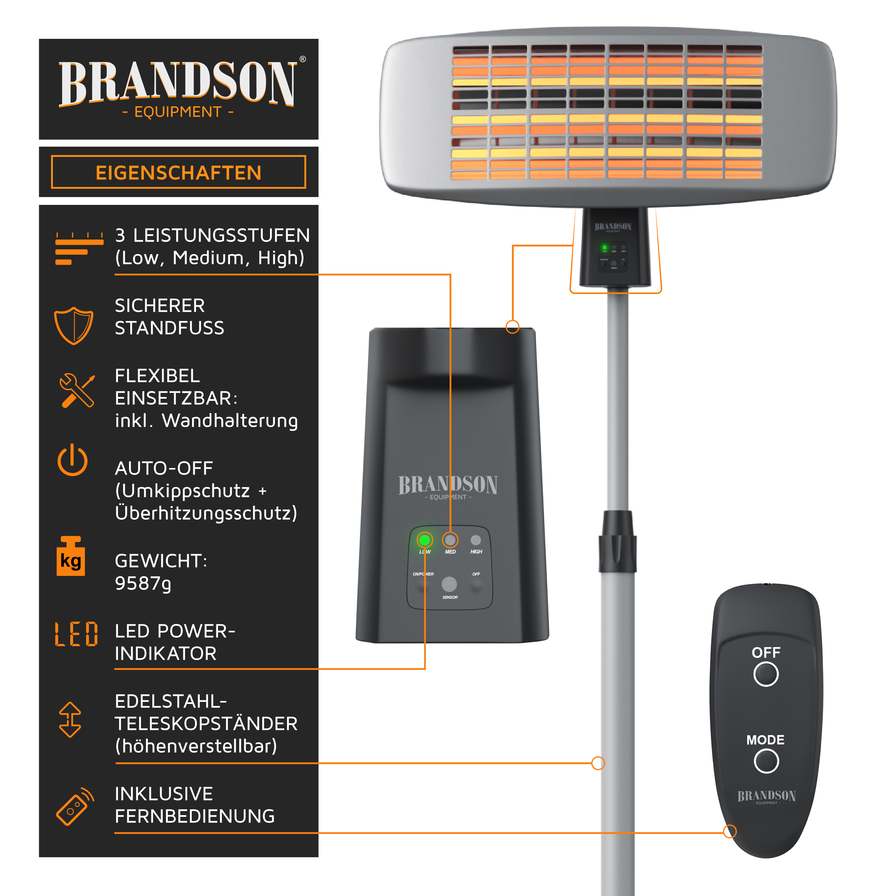 Brandson Infrarot-Heizstrahler mit Teleskopständer, Fernbedienung und Funktionsübersicht.